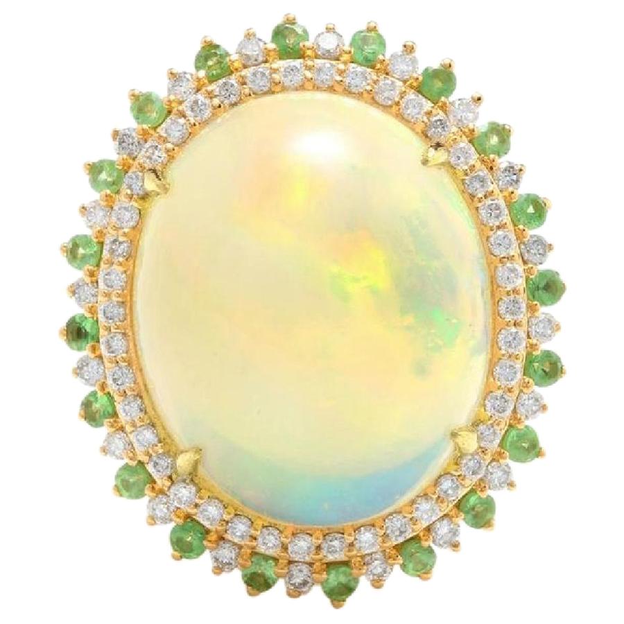 Bague en or jaune massif 14 carats avec opale éthiopienne naturelle de 8,55 carats, tsavorite et diamants