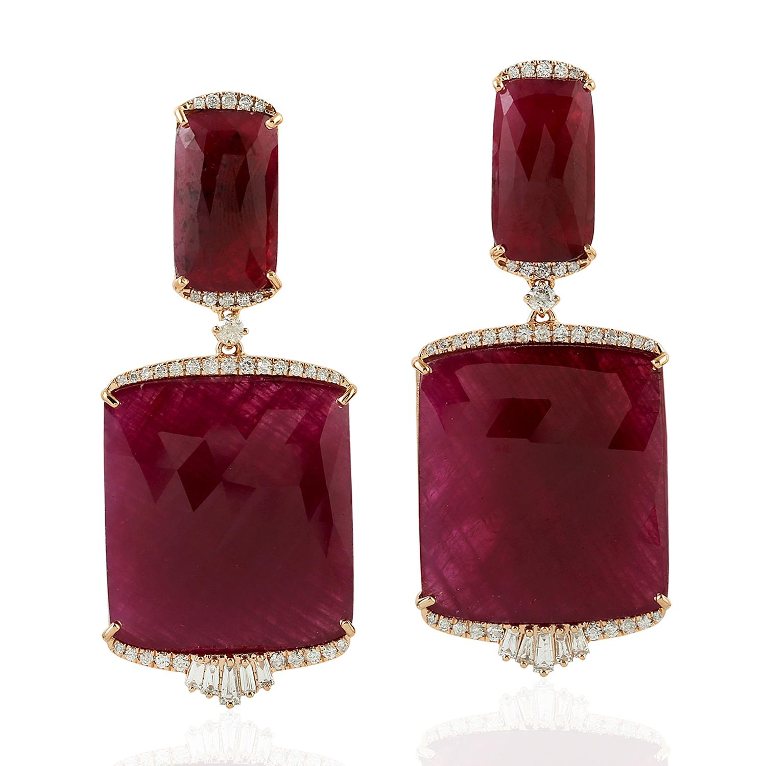 Mixed Cut 85.52 Carat Ruby Diamond 18 Karat Gold Earrings For Sale