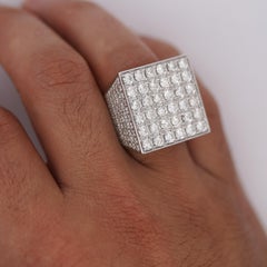 8.56 Carat Round Diamond Full Pave Square 18K White Gold Vintage Mens Ring