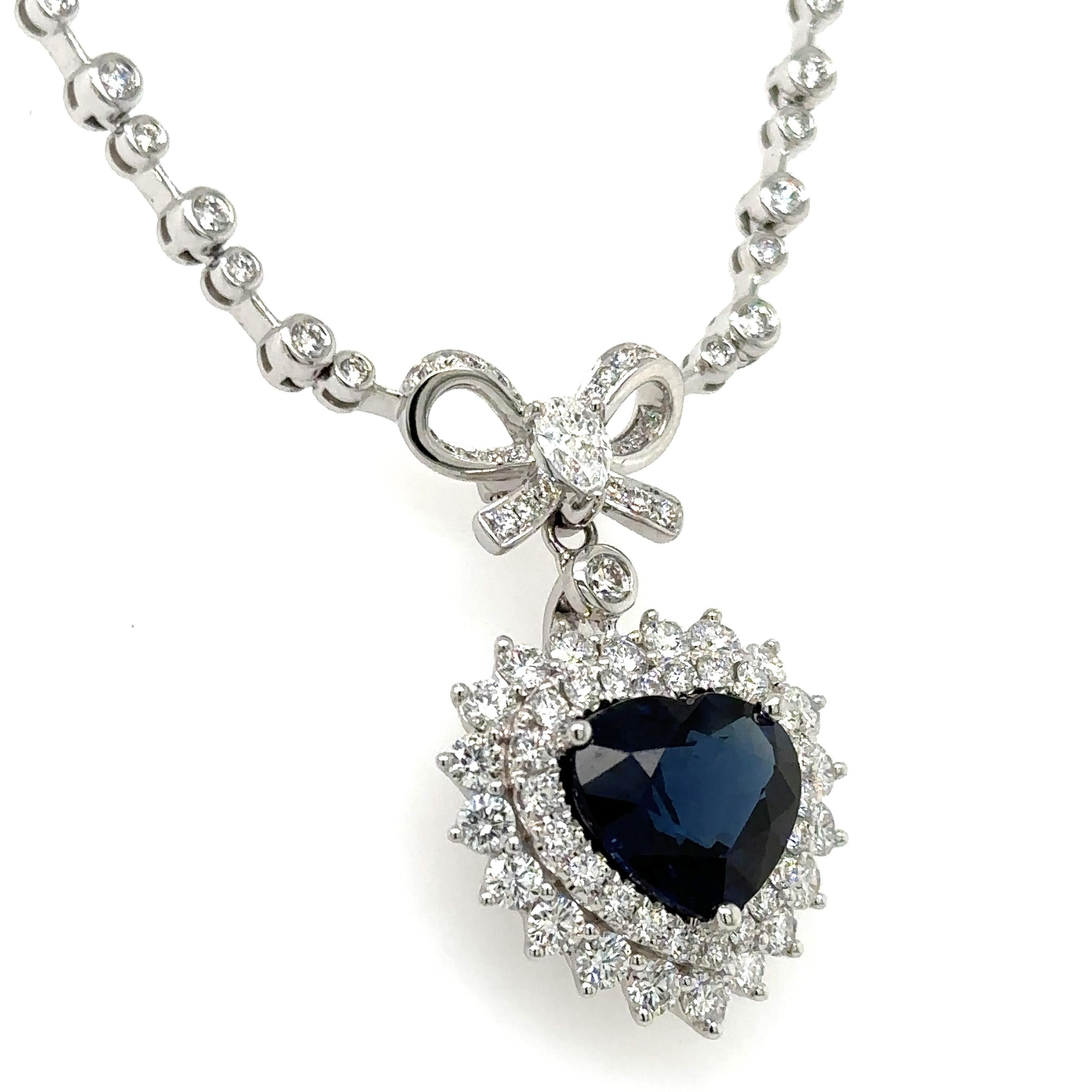 Heart Cut 8.56CT TW Royal Blue Sapphire Diamond Heart Solitaire Pendant Statement Necklace For Sale