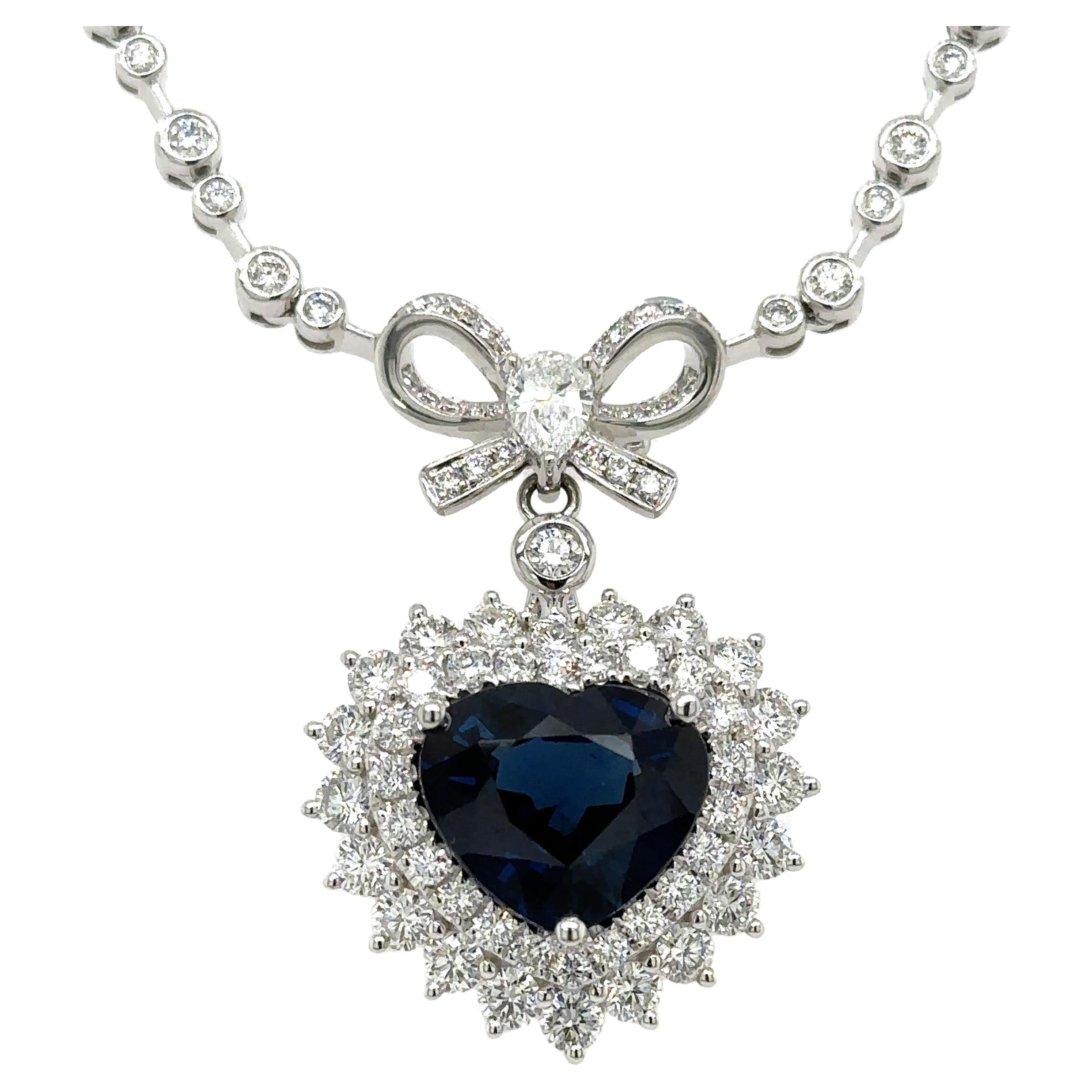 8.56CT TW Royal Blue Sapphire Diamond Heart Solitaire Pendant Statement Necklace For Sale