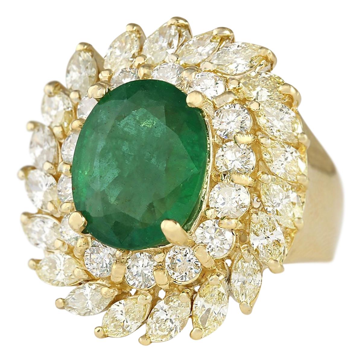 8.57 Carat Natural Emerald 14 Karat Yellow Gold Diamond Ring
Stamped: 14K Yellow Gold
Total Ring Weight: 15.0 Grams
Total Natural Emerald Weight is 4.82 Carat (Measures: 12.00x10.00 mm)
Color: Green
Total Natural Diamond Weight is 3.75 Carat
Color: