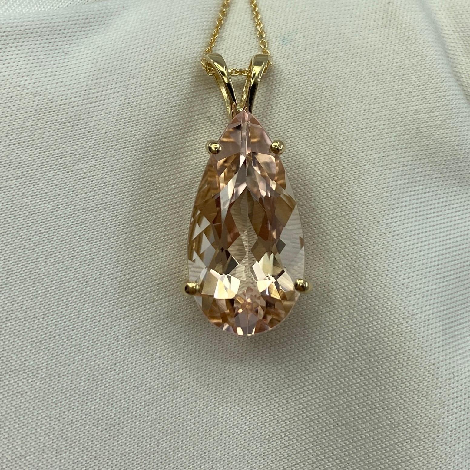 8.57 Carat Peach Pink Morganite Pear Teardrop Cut Yellow Gold Pendant Necklace For Sale 5