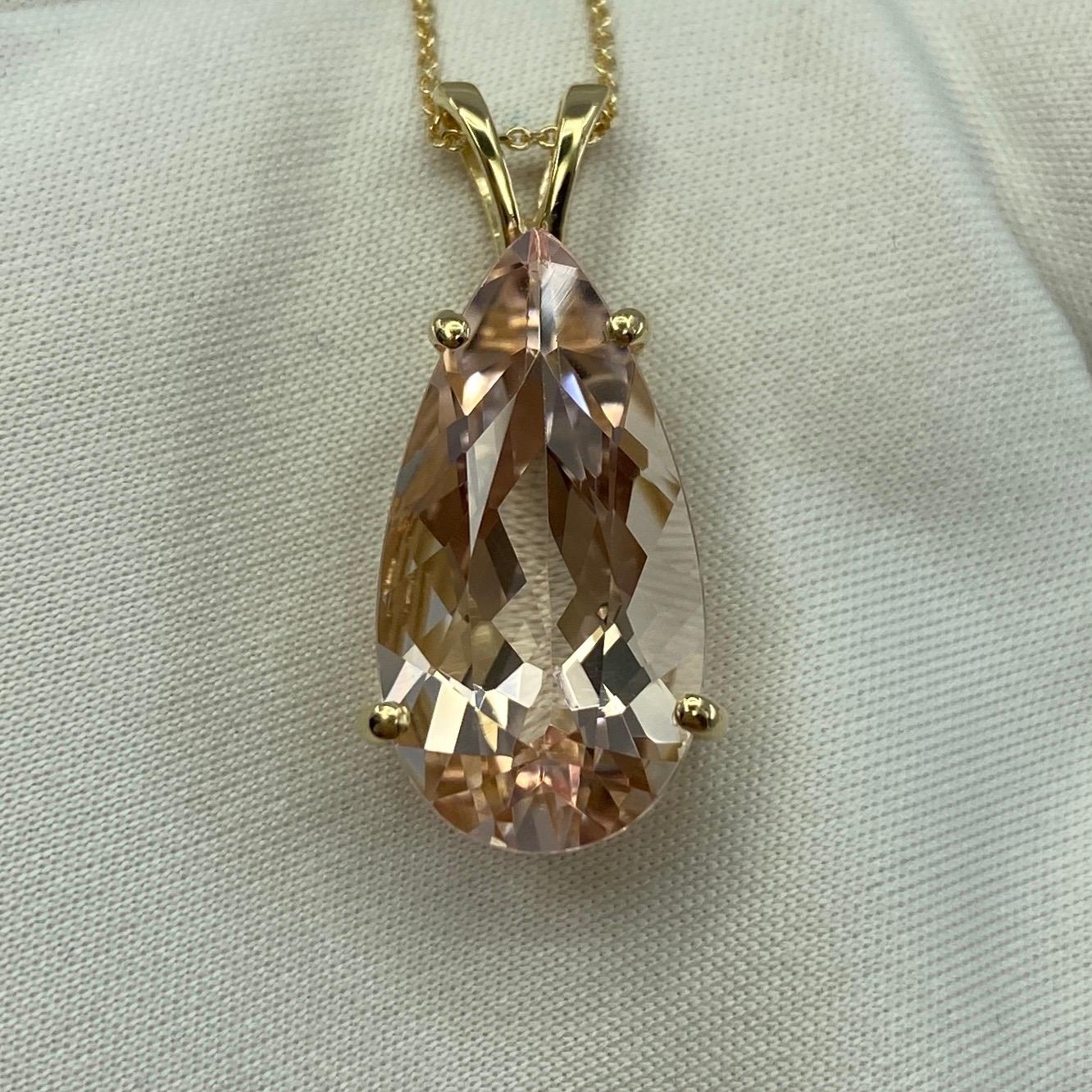 8.57 Carat Peach Pink Morganite Pear Teardrop Cut Yellow Gold Pendant Necklace For Sale 6