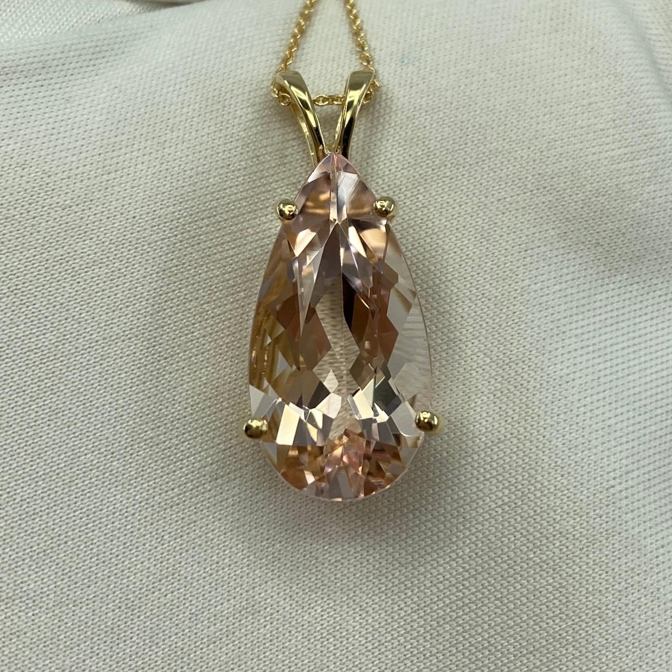 Pear Cut 8.57 Carat Peach Pink Morganite Pear Teardrop Cut Yellow Gold Pendant Necklace For Sale