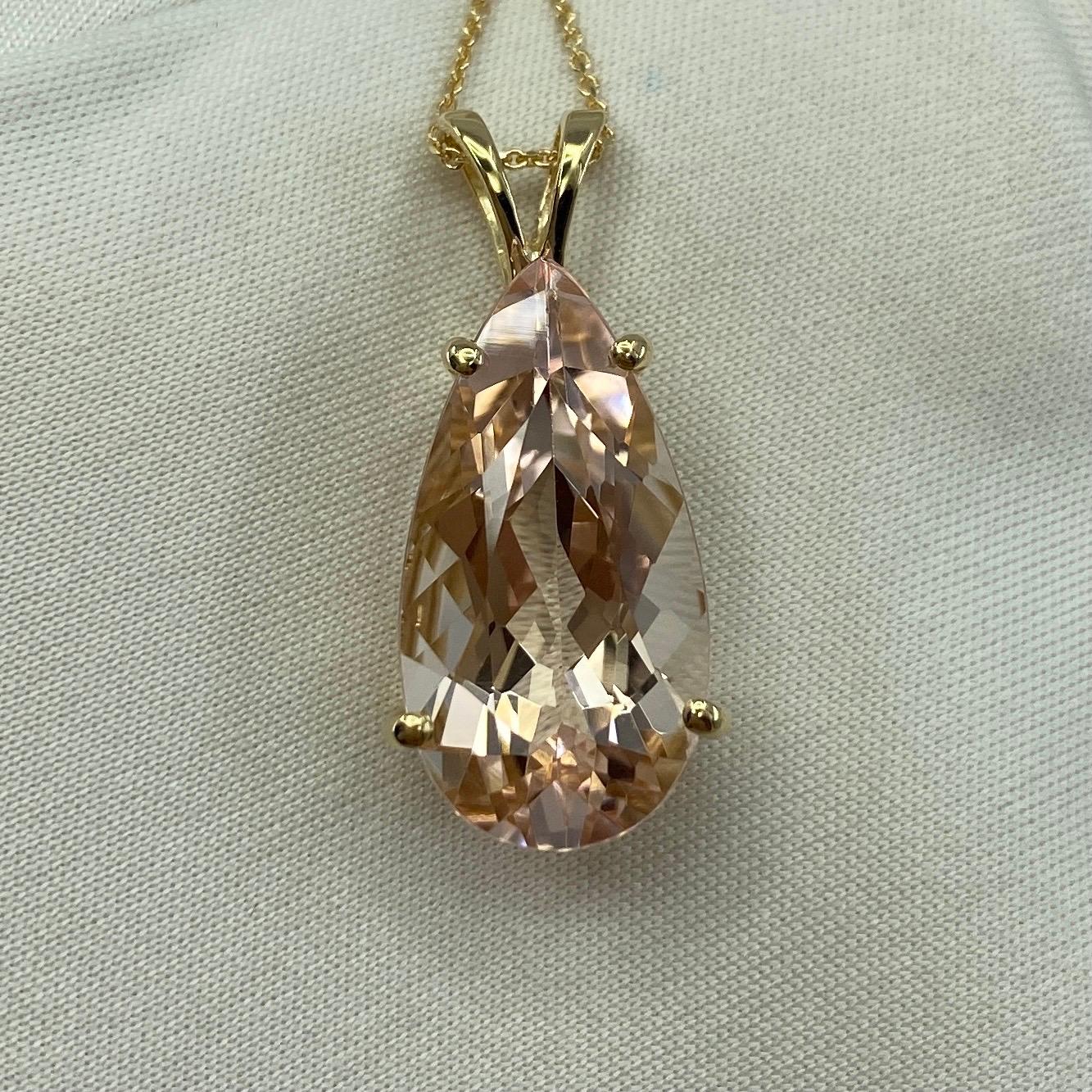 Women's or Men's 8.57 Carat Peach Pink Morganite Pear Teardrop Cut Yellow Gold Pendant Necklace For Sale