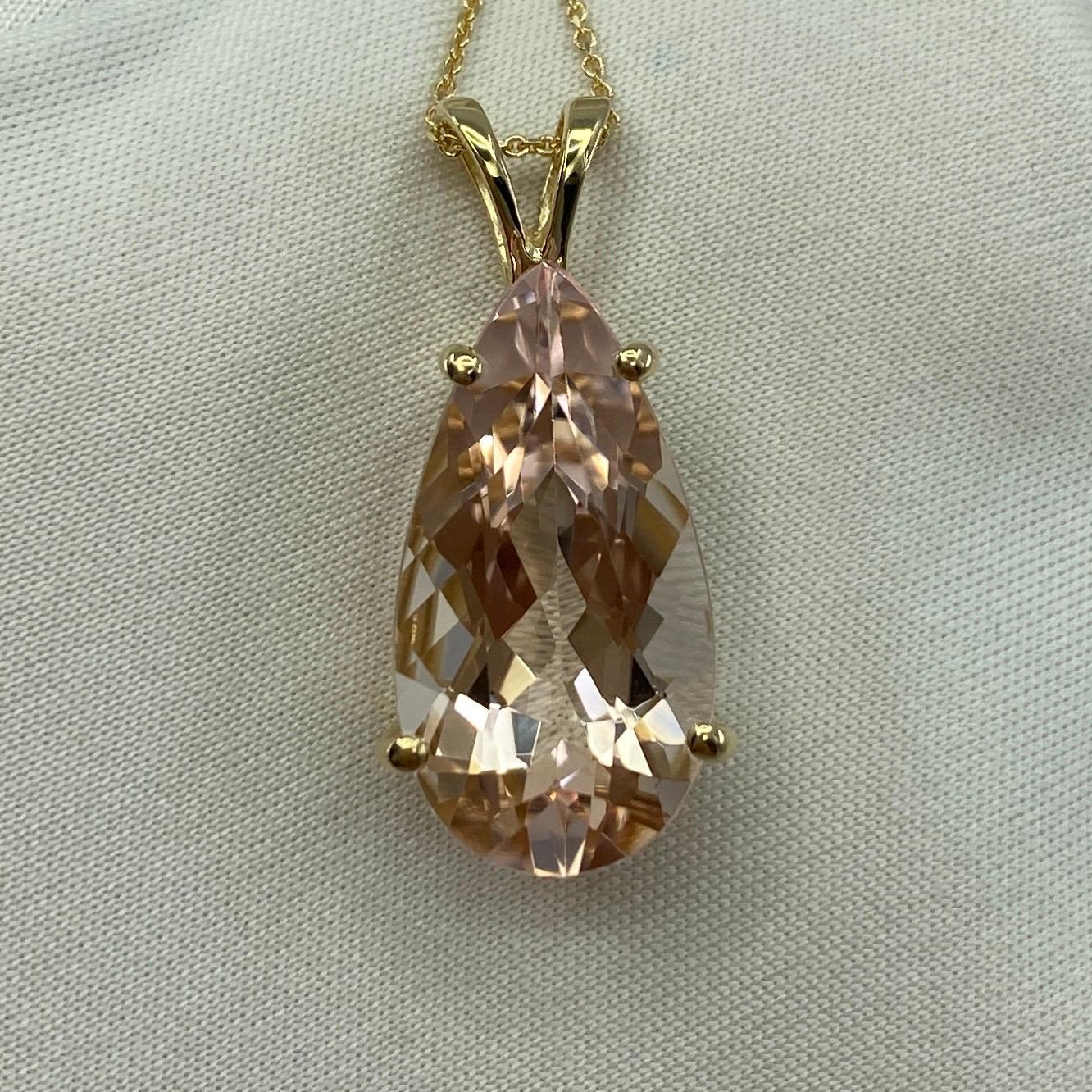 8.57 Carat Peach Pink Morganite Pear Teardrop Cut Yellow Gold Pendant Necklace For Sale 1