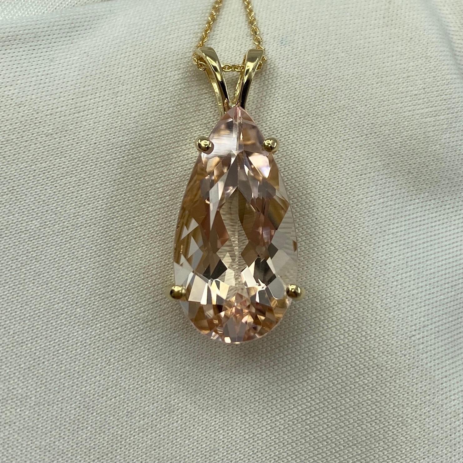 8.57 Carat Peach Pink Morganite Pear Teardrop Cut Yellow Gold Pendant Necklace For Sale 2