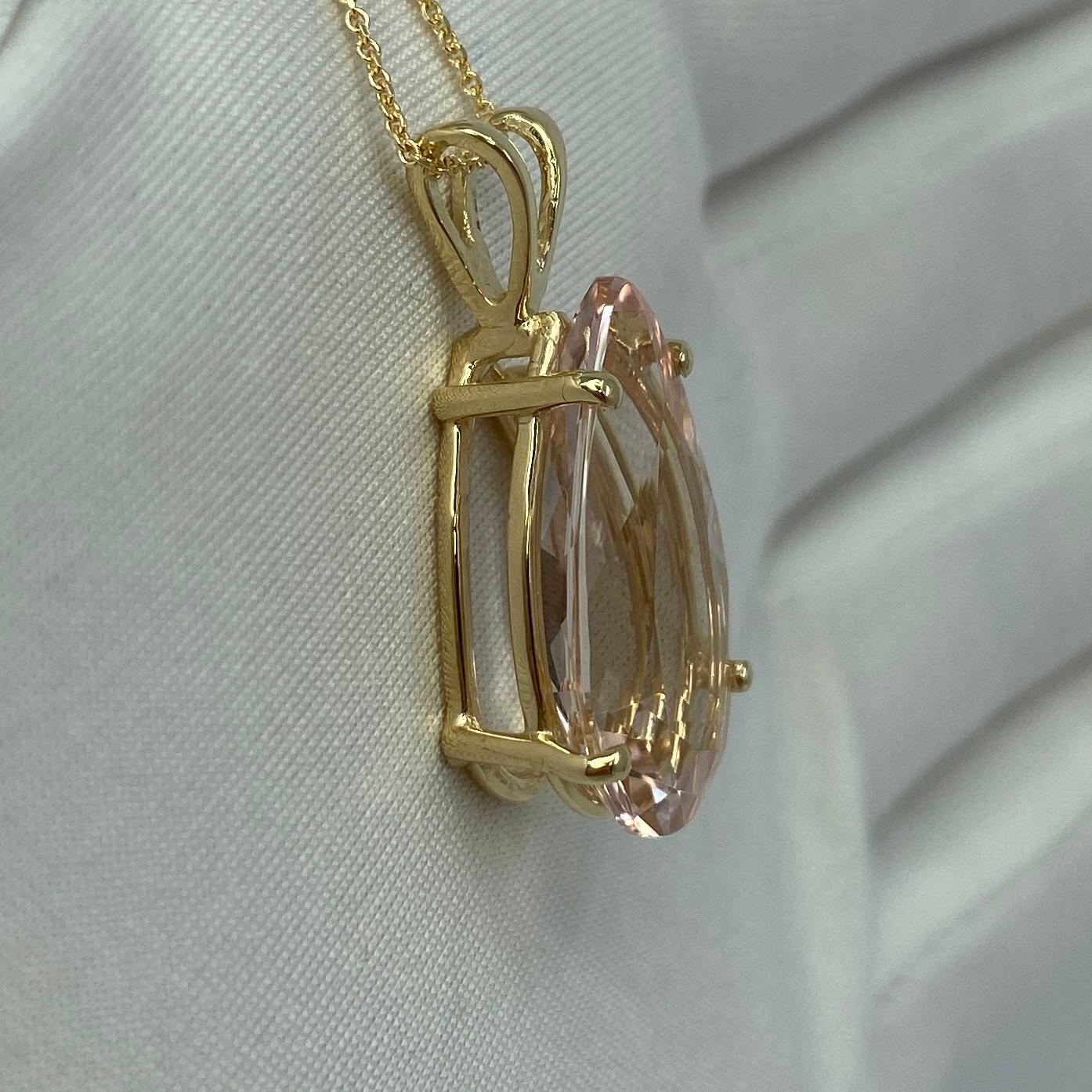 8.57 Carat Peach Pink Morganite Pear Teardrop Cut Yellow Gold Pendant Necklace For Sale 3