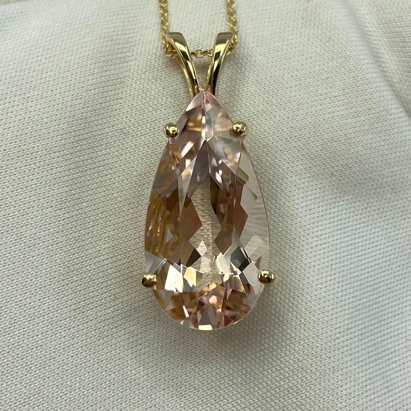 8.57 Carat Peach Pink Morganite Pear Teardrop Cut Yellow Gold Pendant Necklace For Sale 4