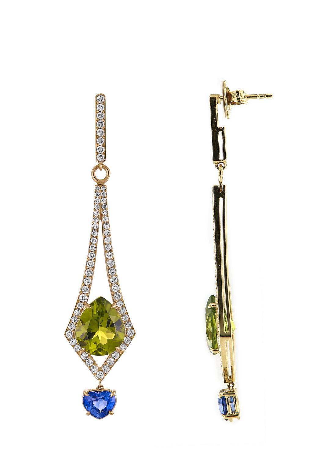 Modern 8.57 Carat Peridot and 2.26 Carat Blue Sapphire and Diamond Earrings in 18K Gold