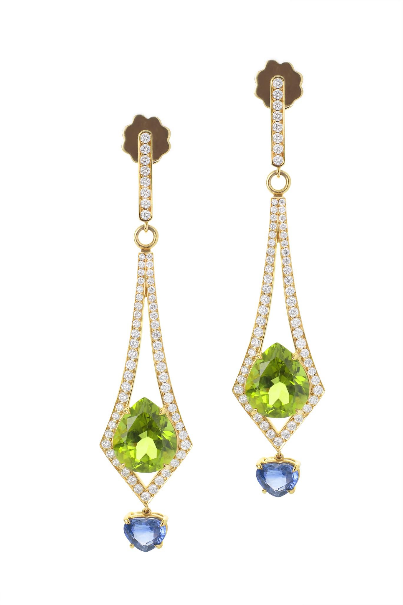 Pear Cut 8.57 Carat Peridot and 2.26 Carat Blue Sapphire and Diamond Earrings in 18K Gold