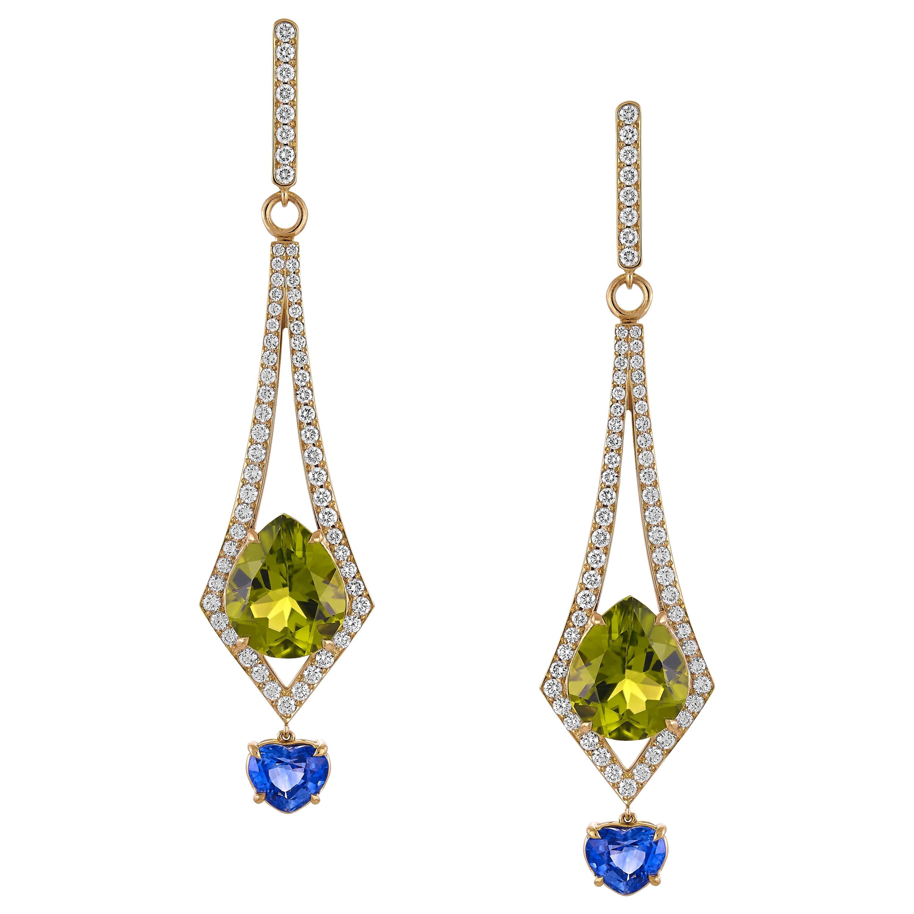 8.57 Carat Peridot and 2.26 Carat Blue Sapphire and Diamond Earrings in 18K Gold