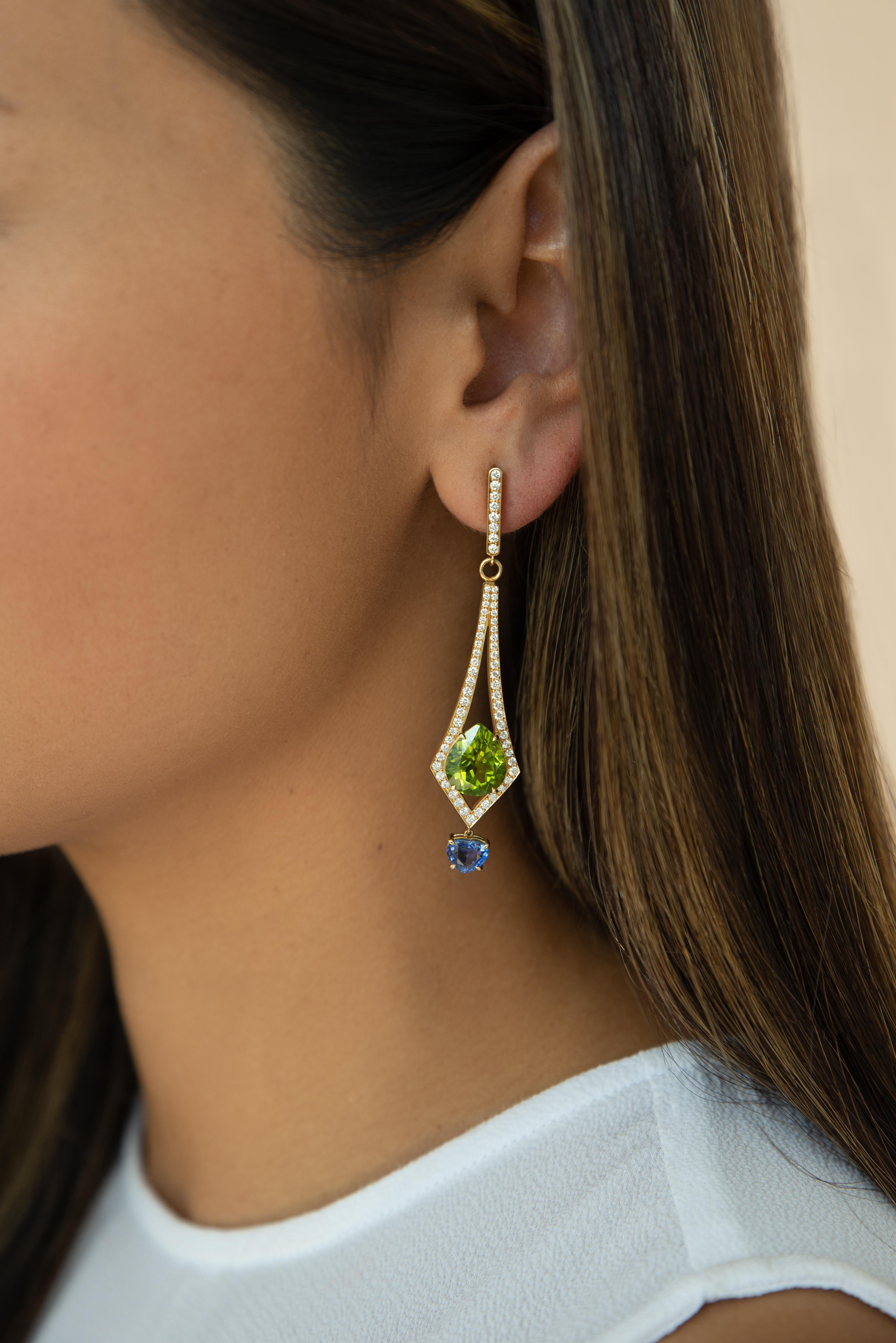 8.57 Carat Peridot and 2.26 Carat Blue Sapphire and Diamond Earrings in 18K Gold 1