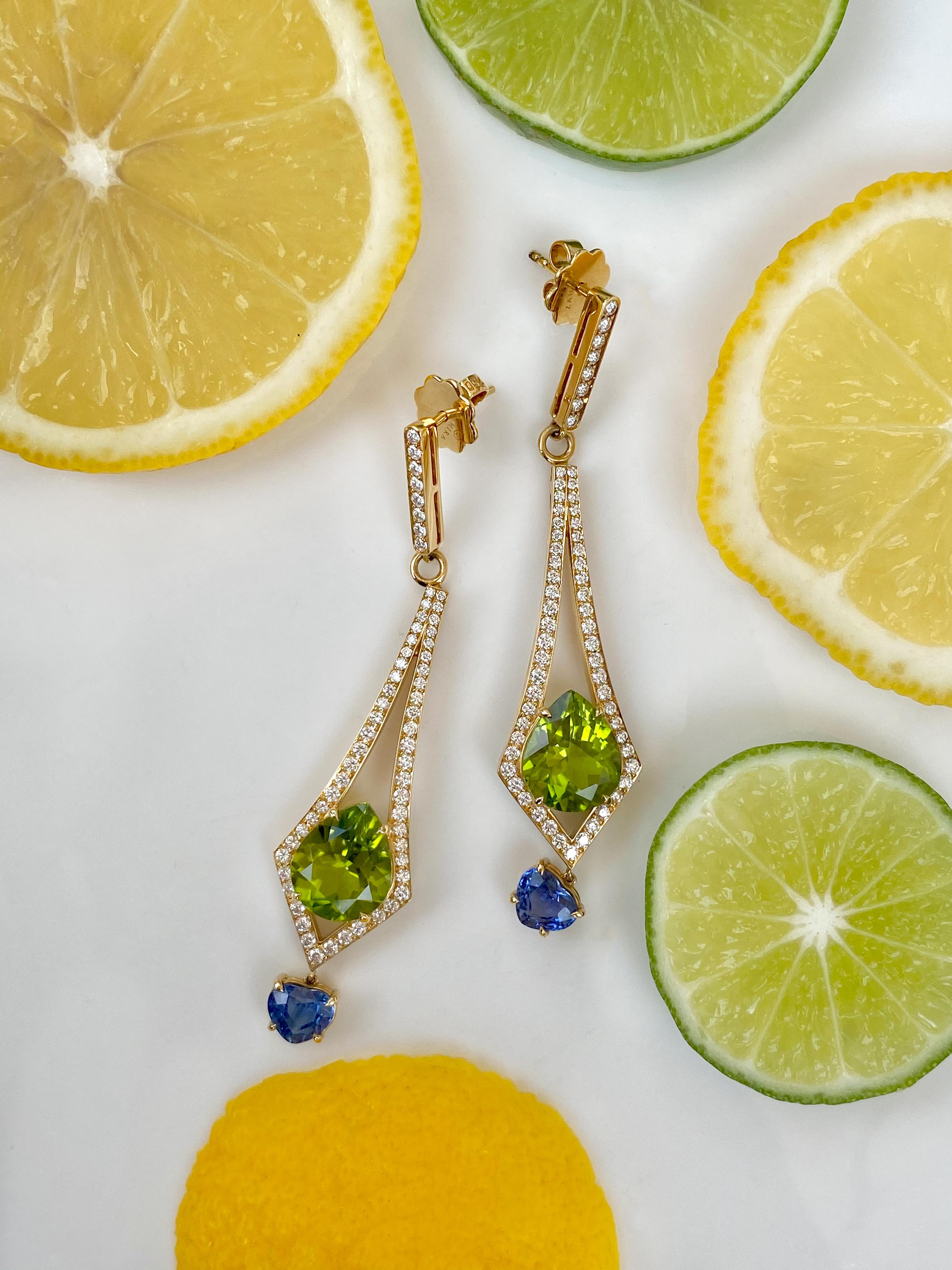 Women's 8.57 Carat Peridot and 2.26 Carat Blue Sapphire and Diamond Earrings in 18K Gold