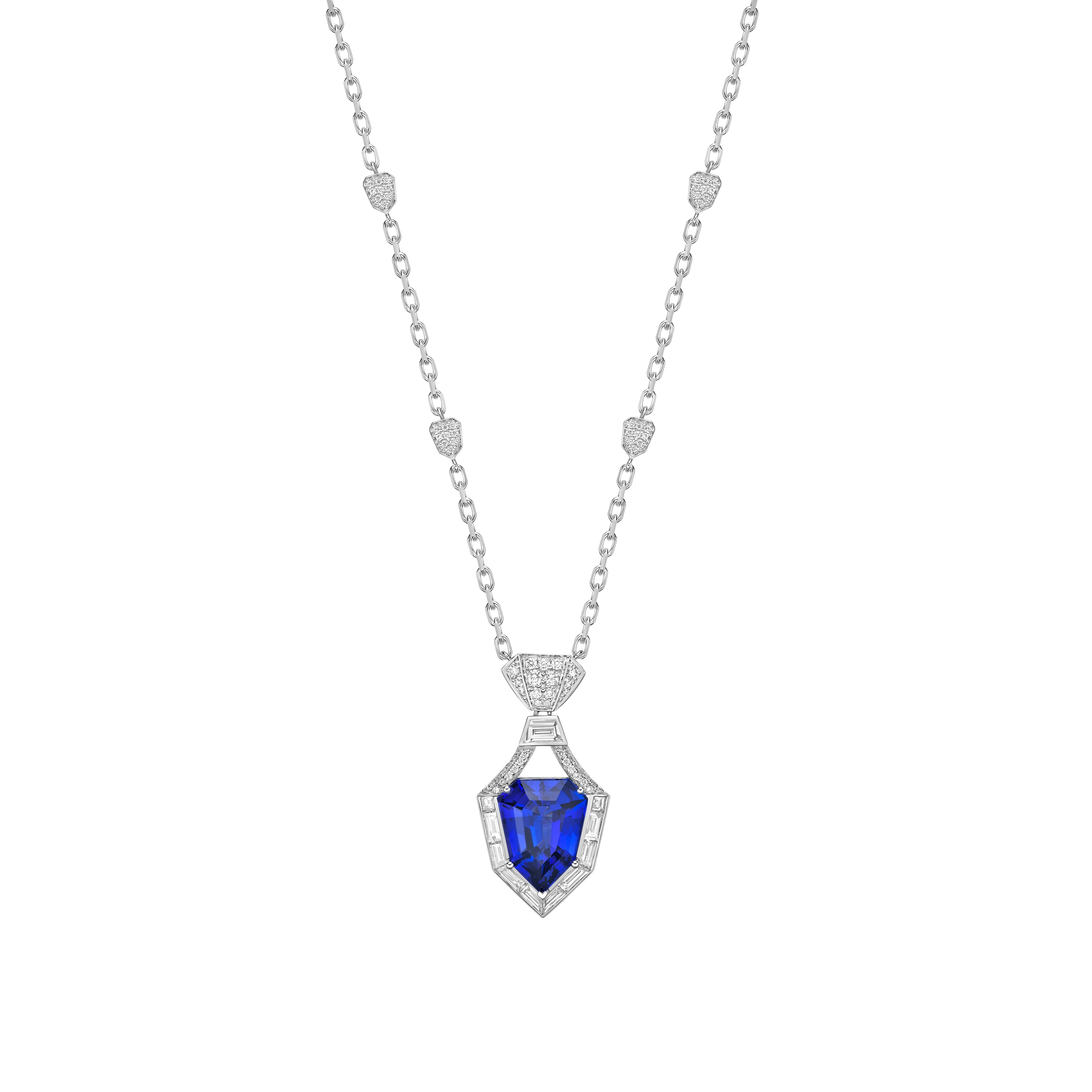 This Tanzanite Jewellery line has high quality beautifully cut Tanzanites. These velvety blue stones are set against an art deco-inspired frame of diamond baguettes.

Tanzanite Pendant in 18Karat White Gold with Diamond.

Tanzanite: 8.57 carat,