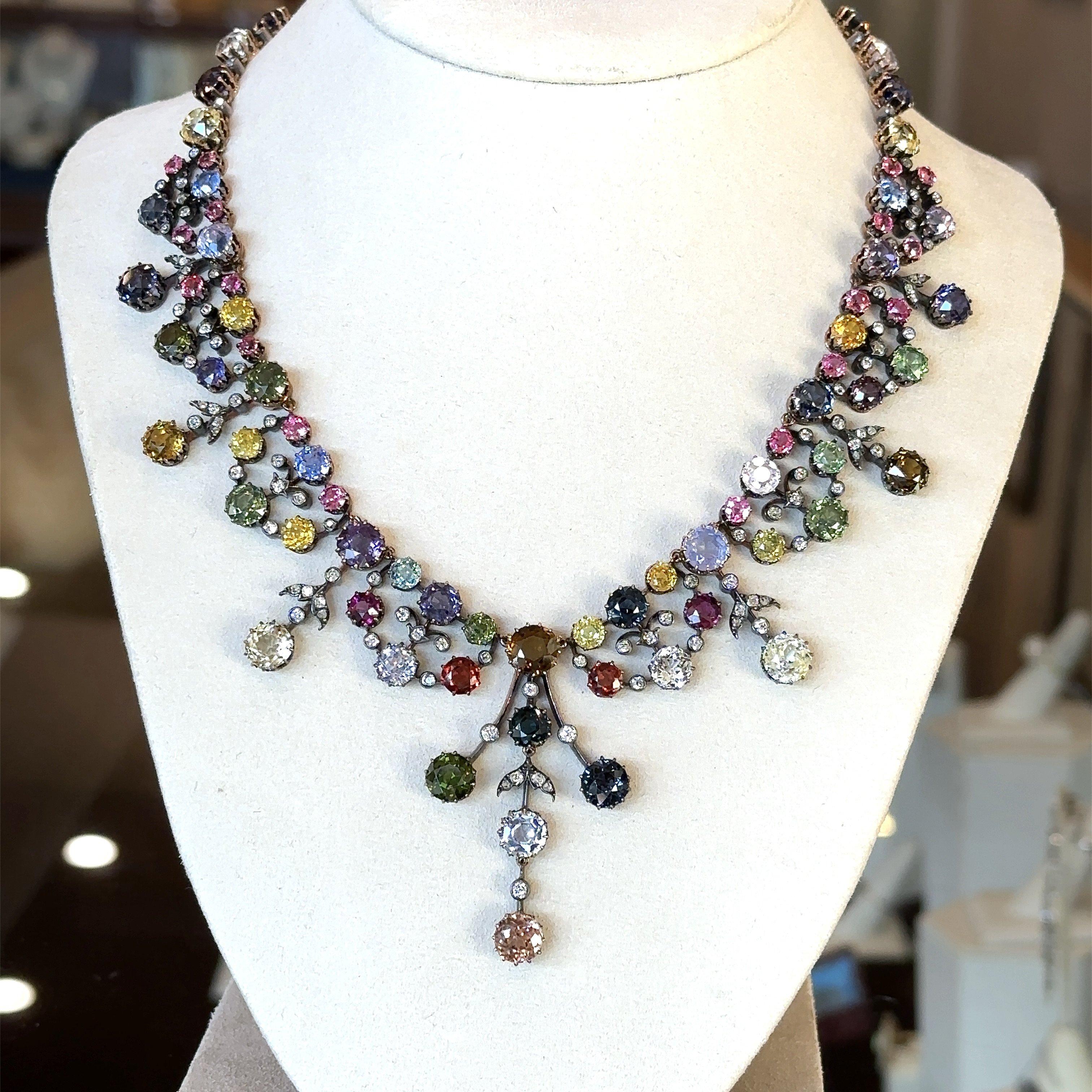 This One of a Kind Stunning Gemstone and Diamond Handmade Necklace Dates from The Victorian era Circa 1860's. 
The Necklace Measures 16
