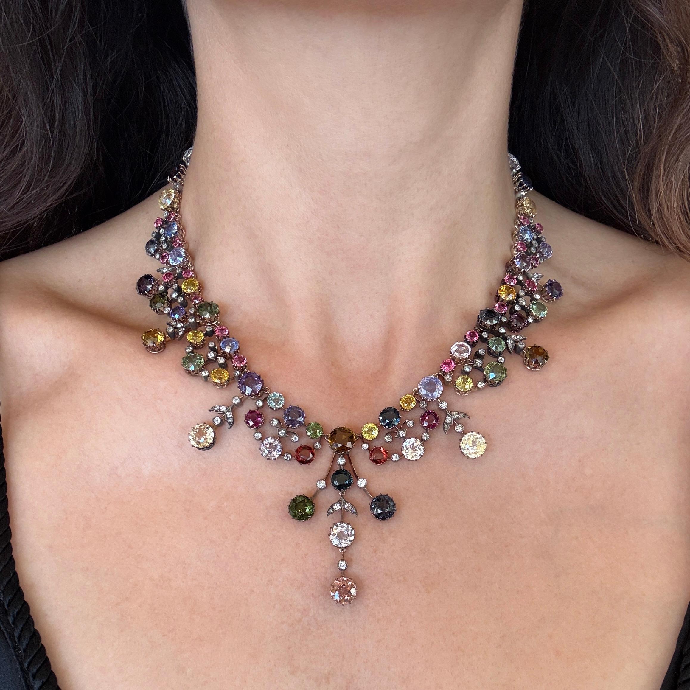 Round Cut 85.70CT Natural Untreated Gemstone and Diamond Antique Victorian Necklace