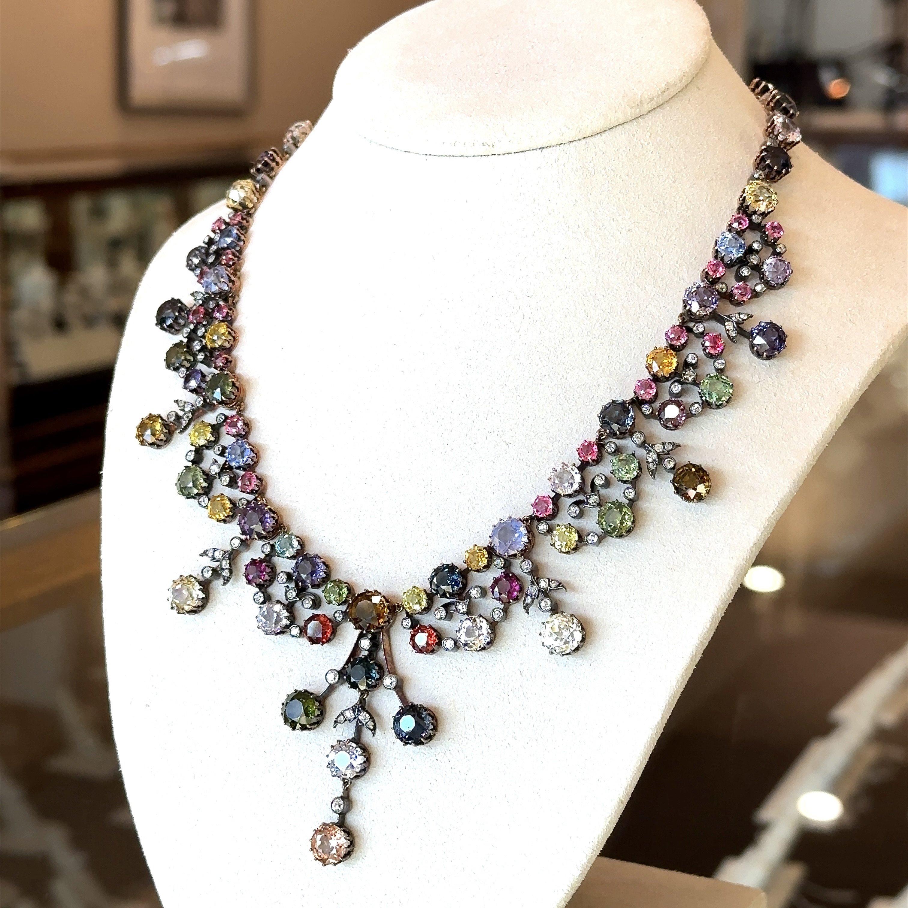 85.70CT Natural Untreated Gemstone and Diamond Antique Victorian Necklace In Good Condition In Los Angeles, CA