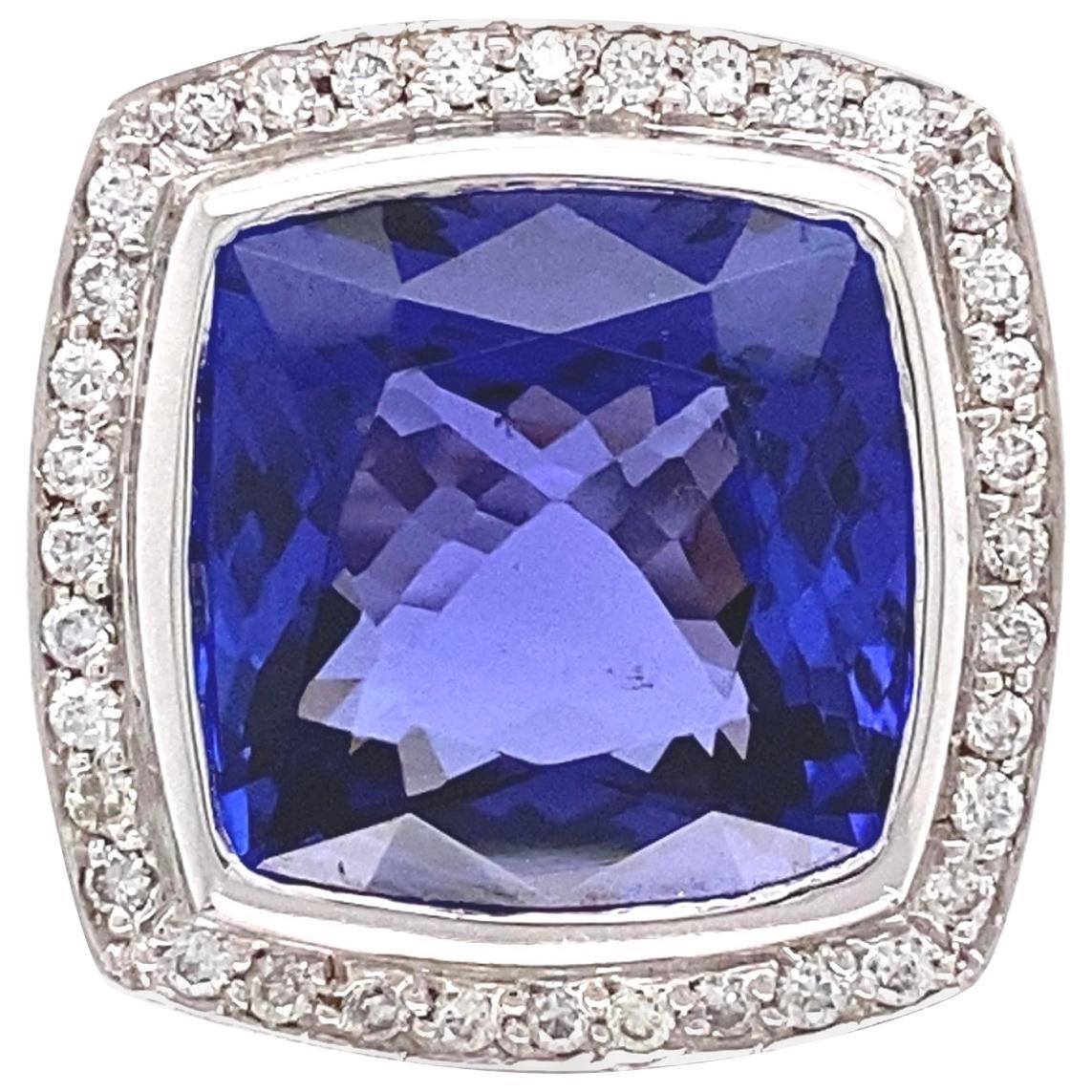 9 Carat CushionCut Tanzanite Ring and Diamonds, 18 Karat White Gold