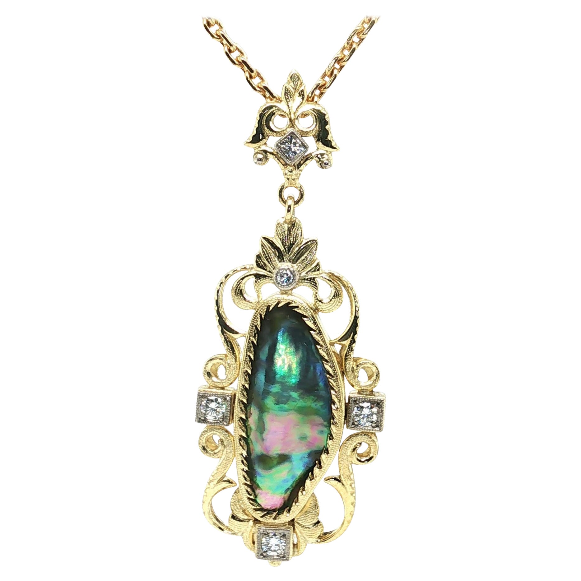 8.58 Carat Natural Abalone Pearl and Diamond Handmade Pendant in 18k Yellow Gold For Sale