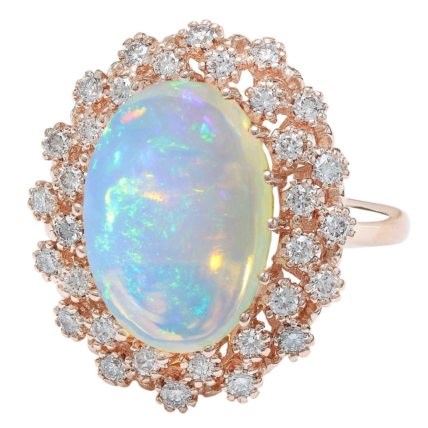 8.58 Carat Natural Opal 14K Solid Rose Gold Diamond Ring
 Item Type: Ring
 Item Style: Cocktail
 Material: 14K Rose Gold
 Mainstone: Opal
 Stone Color: Multicolor
 Stone Weight: 7.68 Carat
 Stone Shape: Oval
 Stone Quantity: 1
 Stone Dimensions: