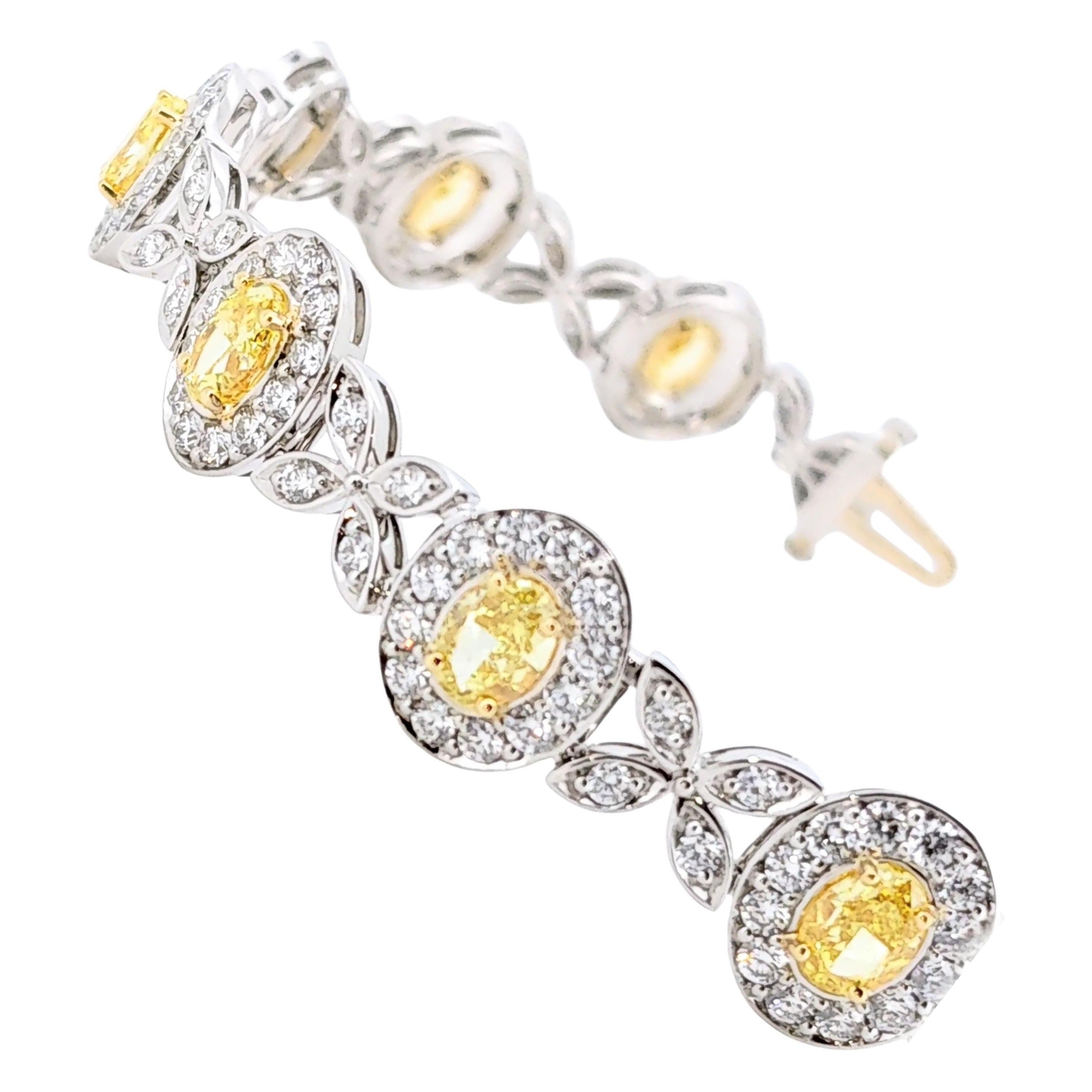 Bracelet de 8,58 carats de diamants blancs et jaunes naturels en or 18k et platine 950