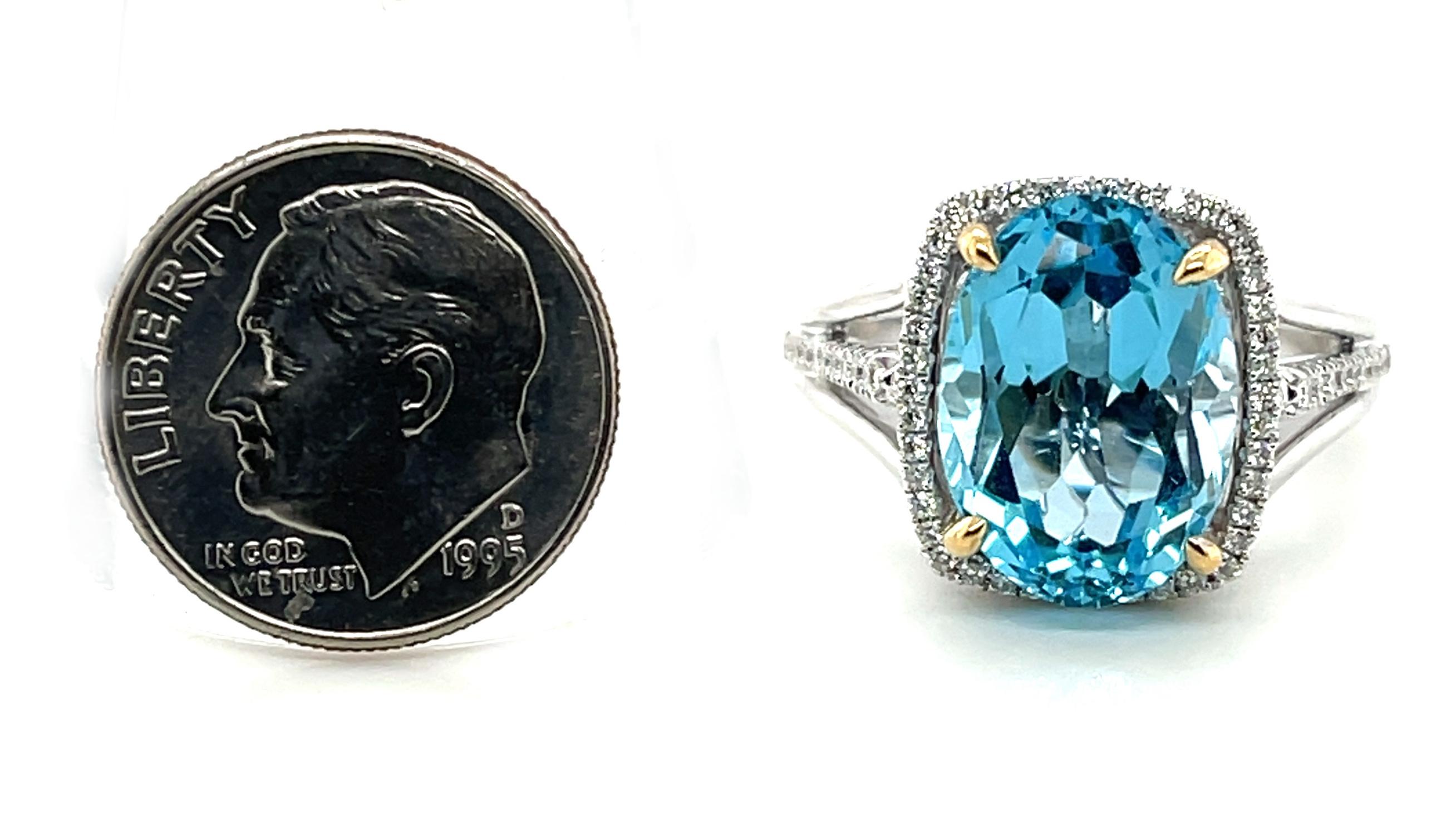 8.59 Carat Blue Topaz and Diamond Halo Cocktail Ring in White and Yellow Gold For Sale 1