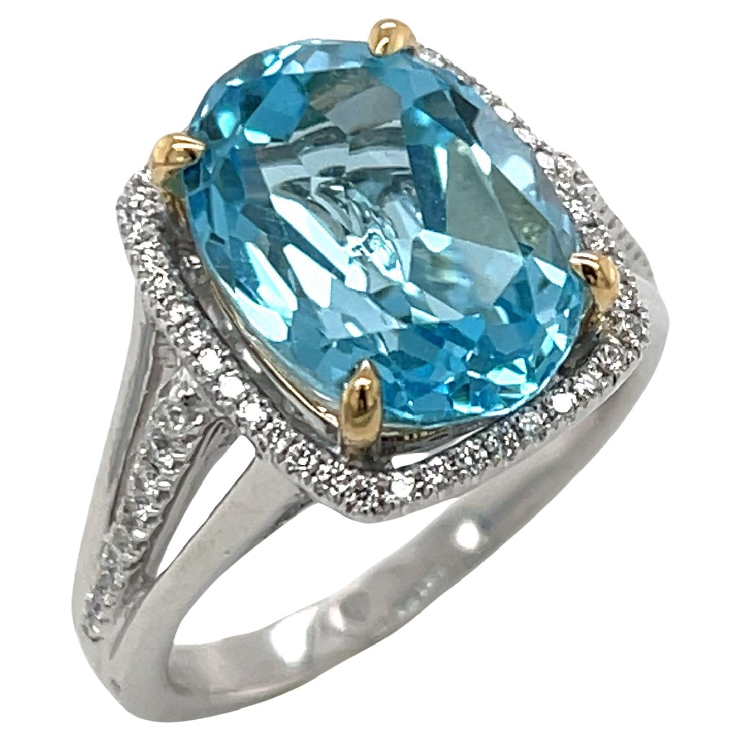 8.59 Carat Blue Topaz and Diamond Halo Cocktail Ring in White and Yellow Gold For Sale