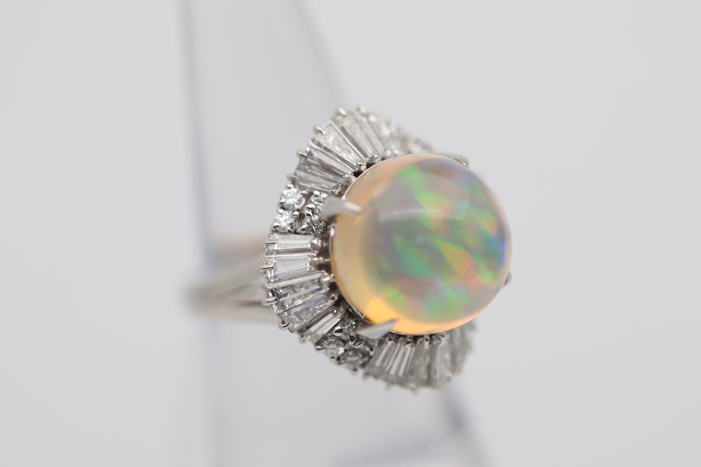 Cabochon 8.59 Carat “Disco Ball” Fire Opal Diamond Platinum Cocktail Ring For Sale