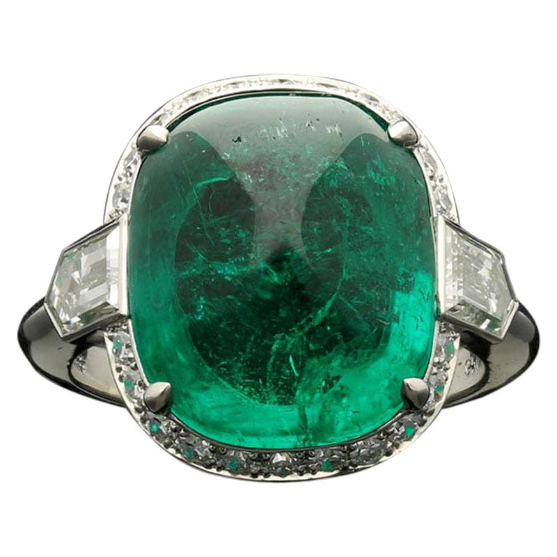 8.59 Carat Sugar Loaf Cabochon Colombian Emerald Ring with Diamond Halo