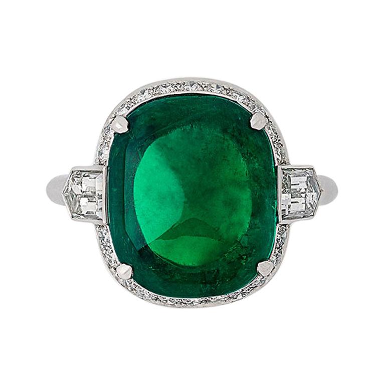 Hancocks 8.59ct Colombian Sugarloaf Cabochon Emerald & Diamond Platinum Ring