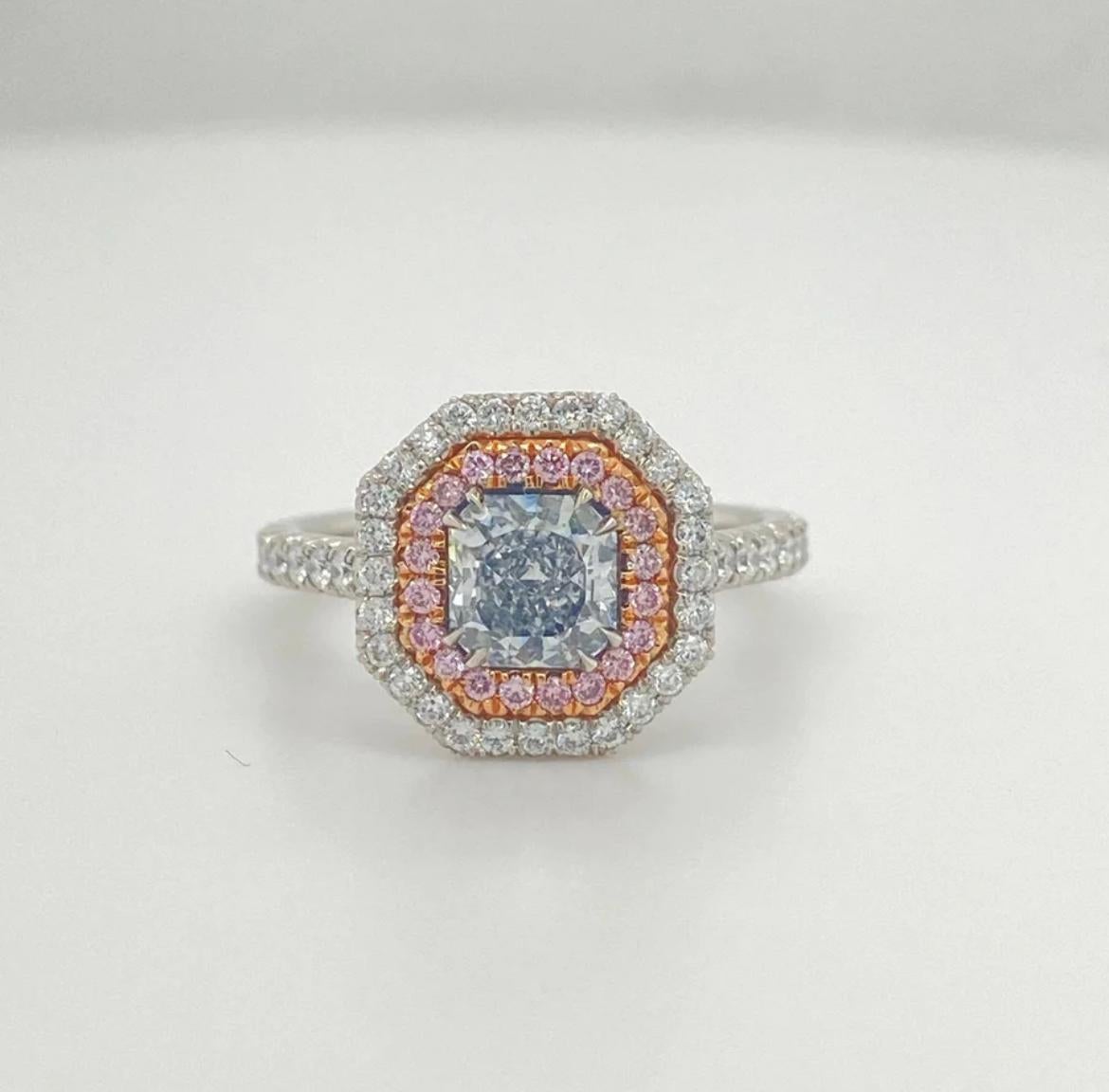 - GIA# 1176707212
- Platinum ring
- 0.12ct Fancy Pink Diamonds & 0.40ct White Diamonds
- 0.85ct Light Blue Radiant
- Ring Size 6 (can be sized)