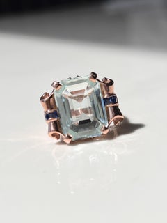 8.5ct Natural Aquamarine & Sapphire Scroll Cocktail Art Deco Ring 14kt Gold
