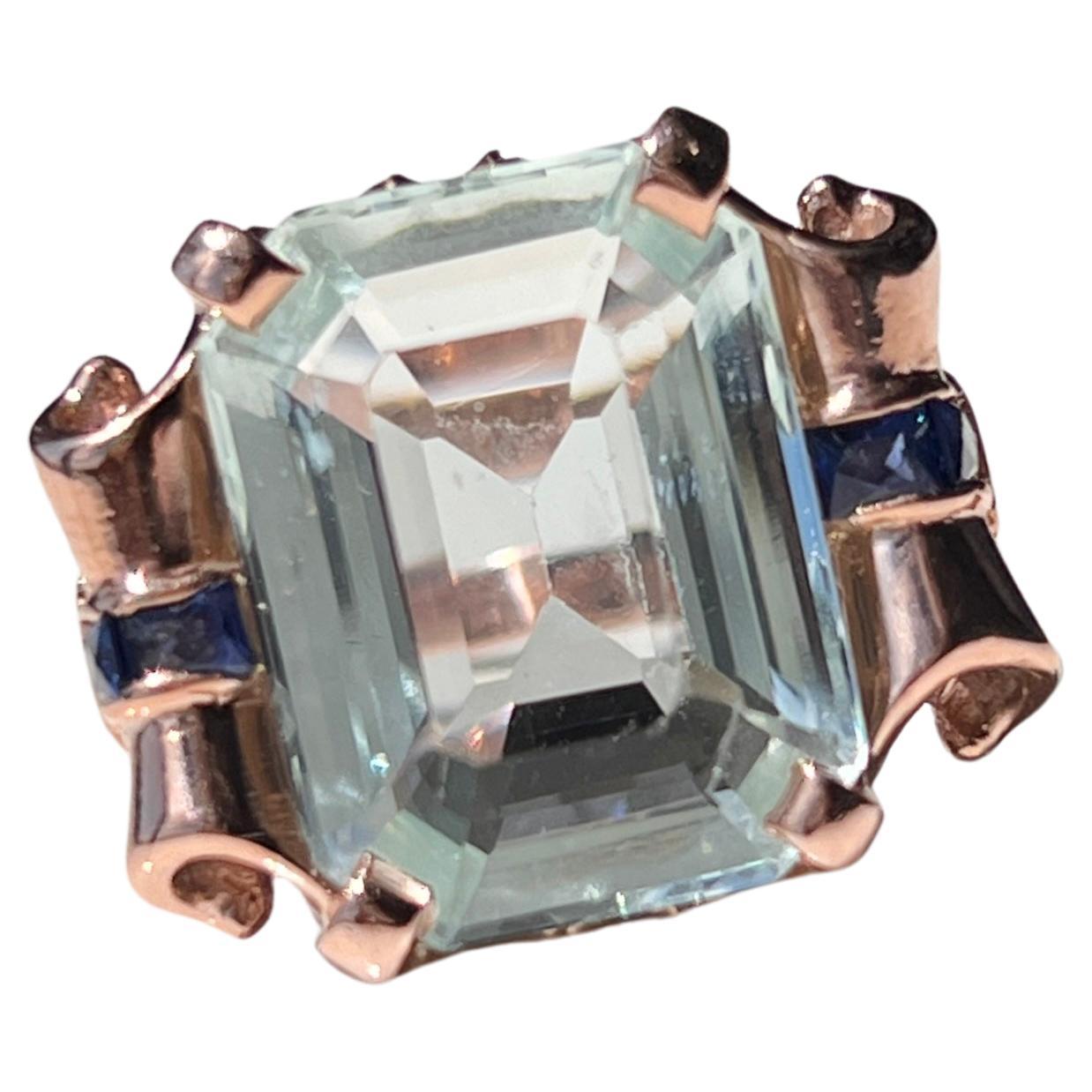 8.5ct Natural Aquamarine & Sapphire Scroll Cocktail Art Deco Ring 14kt Gold  For Sale