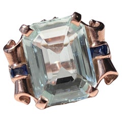 Vintage 8.5ct Natural Aquamarine & Sapphire Scroll Cocktail Art Deco Ring 14kt Gold 