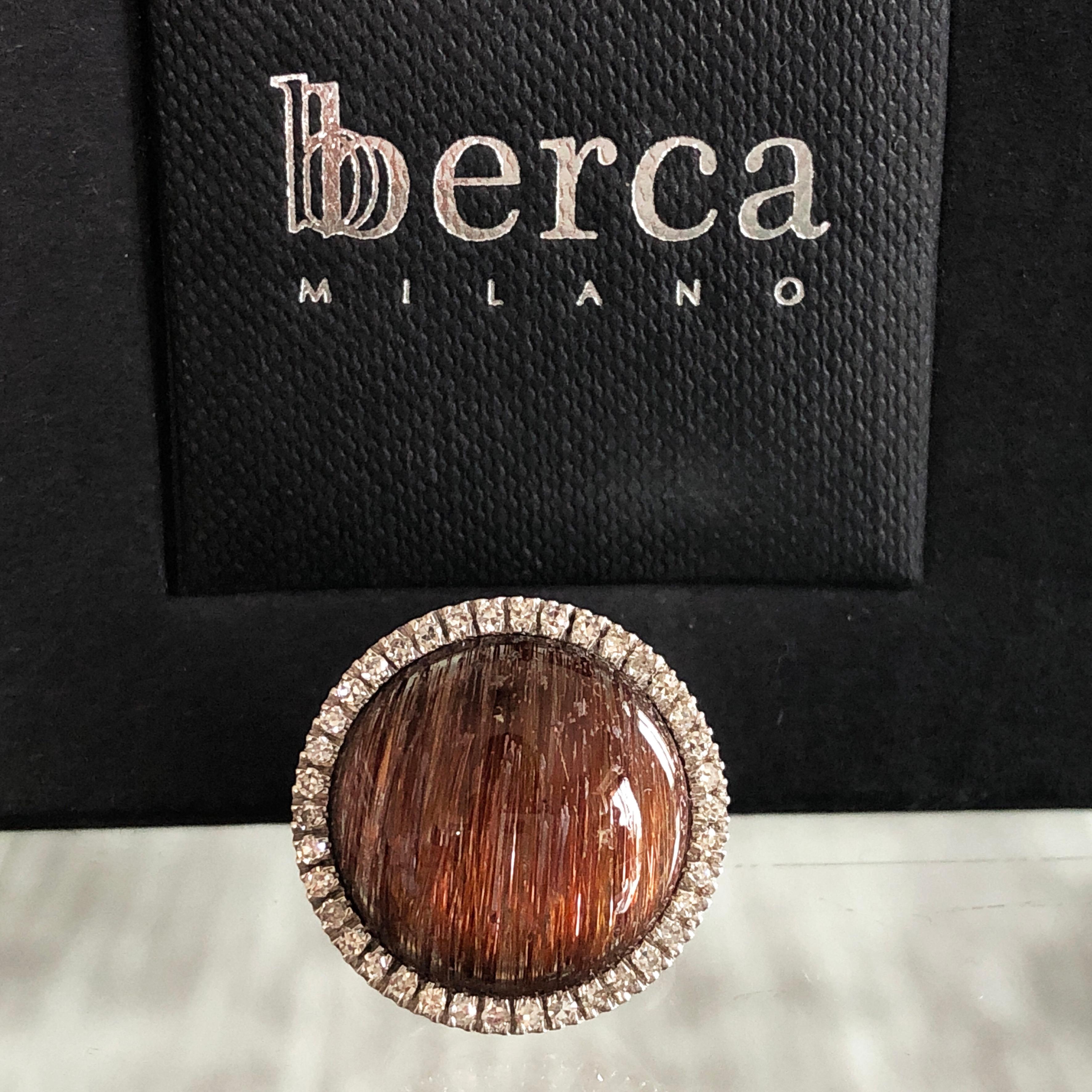 Berca 8.5Kt Rutilated Quartz Round Cabochon 0.41 Kt White Diamond Cocktail Ring For Sale 8