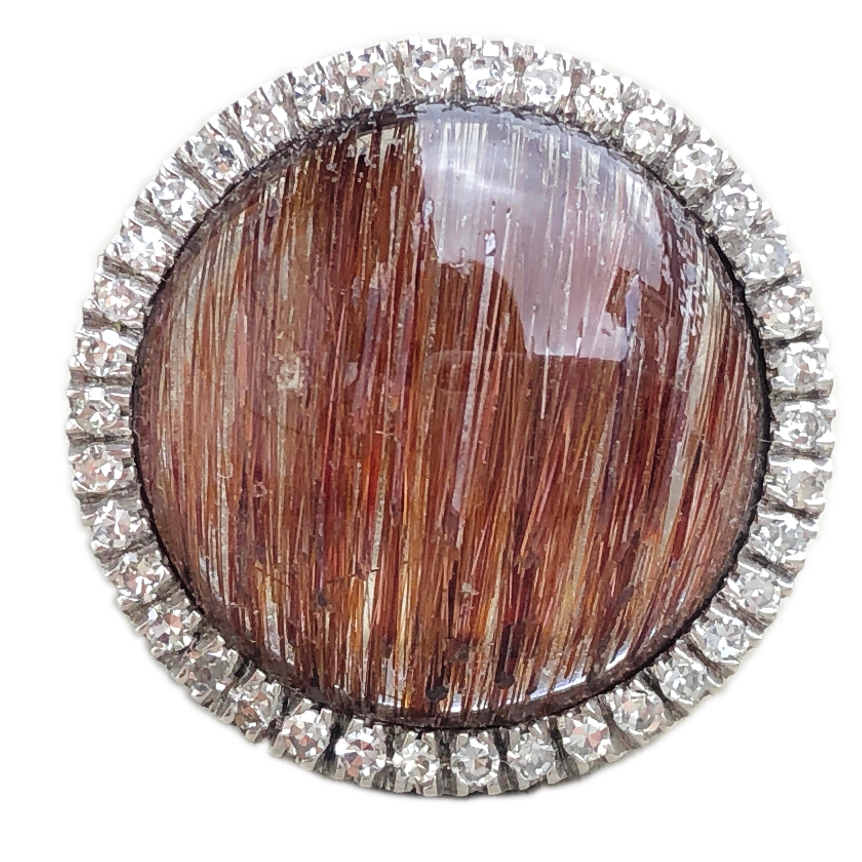 Berca 8.5Kt Rutilated Quartz Round Cabochon 0.41 Kt White Diamond Cocktail Ring For Sale 10