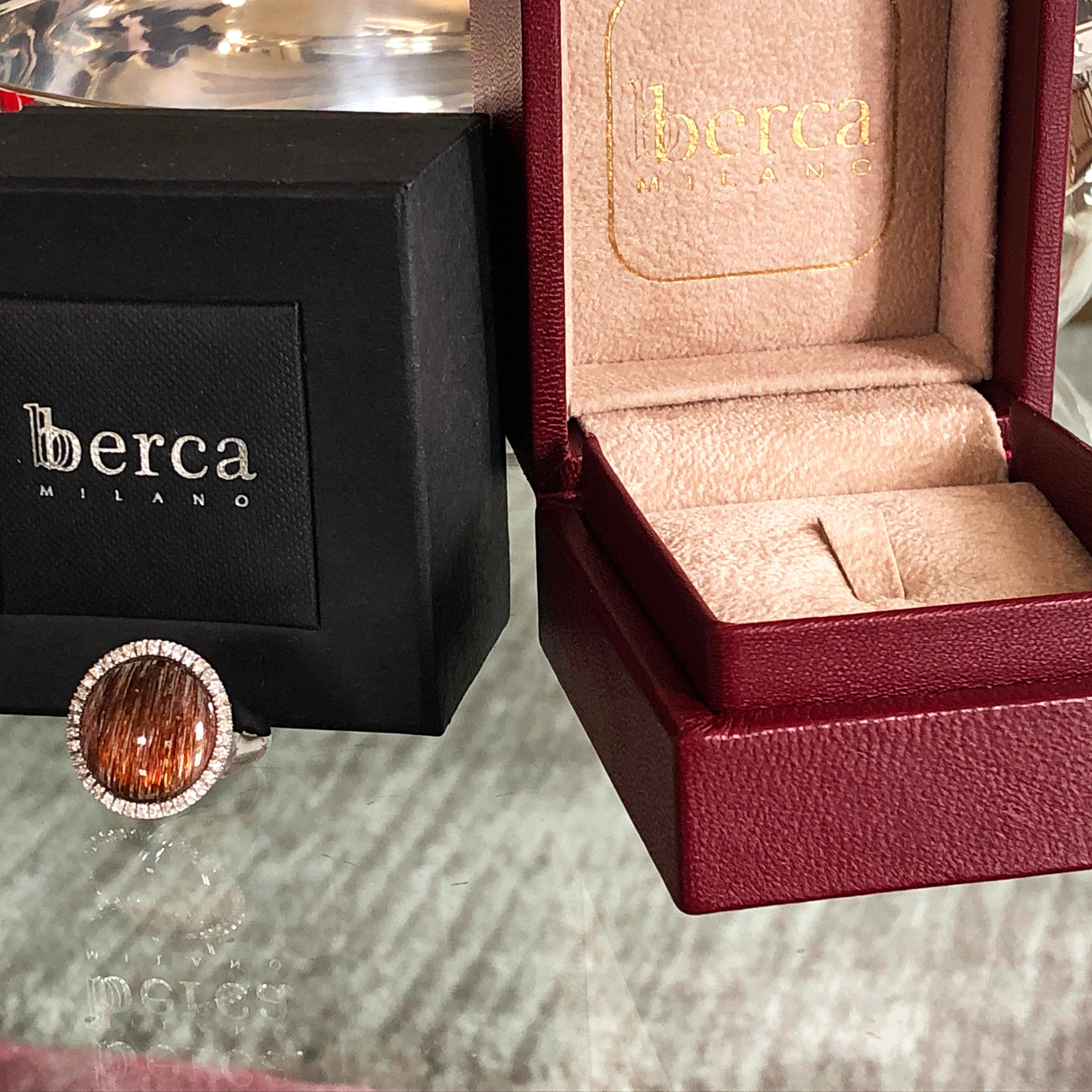 Women's or Men's Berca 8.5Kt Rutilated Quartz Round Cabochon 0.41 Kt White Diamond Cocktail Ring For Sale