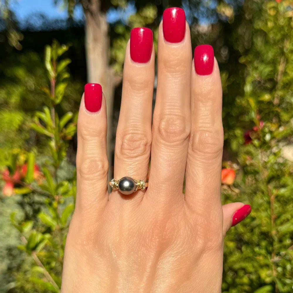 Modernist 8.5mm Black Pearl and Diamond Gold Ring Estate Fine Jewelry For Sale