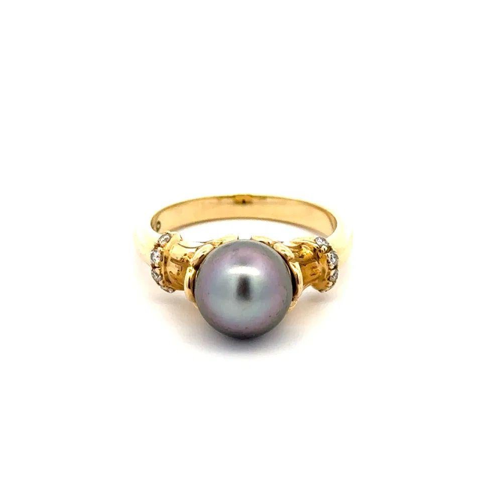 Round Cut 8.5mm Black Pearl and Diamond Gold Ring Estate Fine Jewelry For Sale