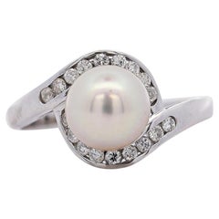 8.5mm White Pearl and Round Diamond Bypass Platinum Ring