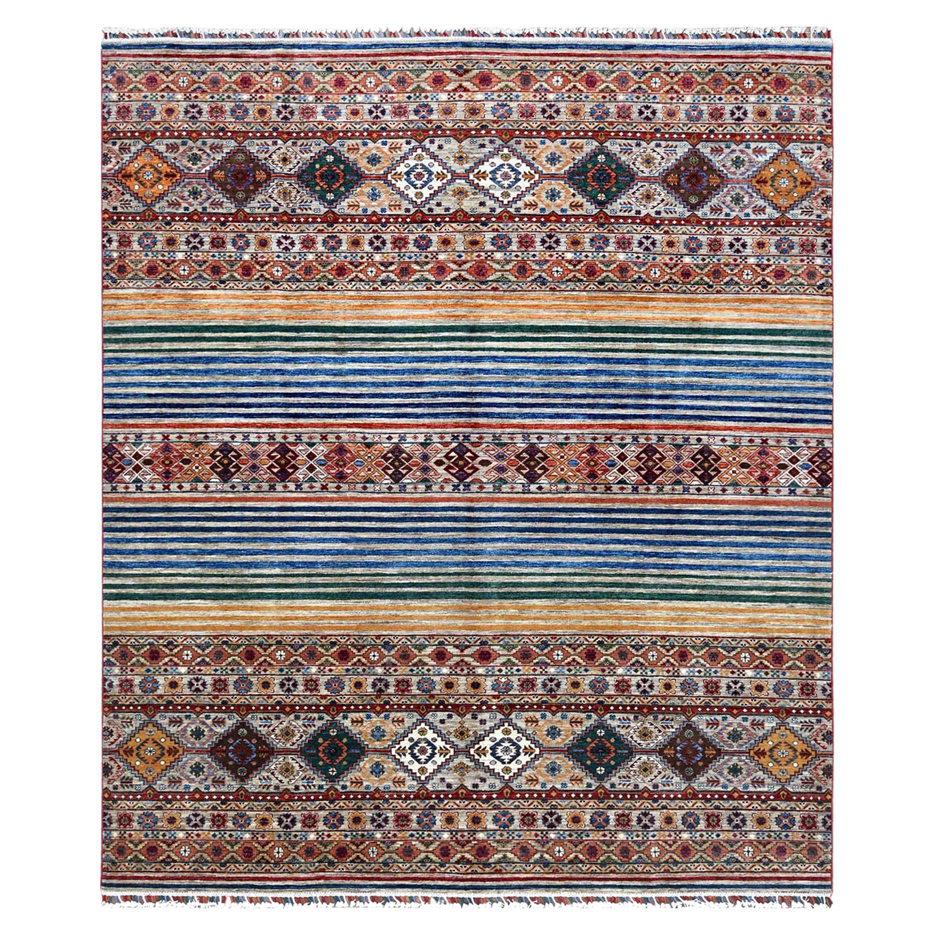 8'5"x10" Hand Knotted Taupe Super Kazak Khorjin Design Pure Wool Rug