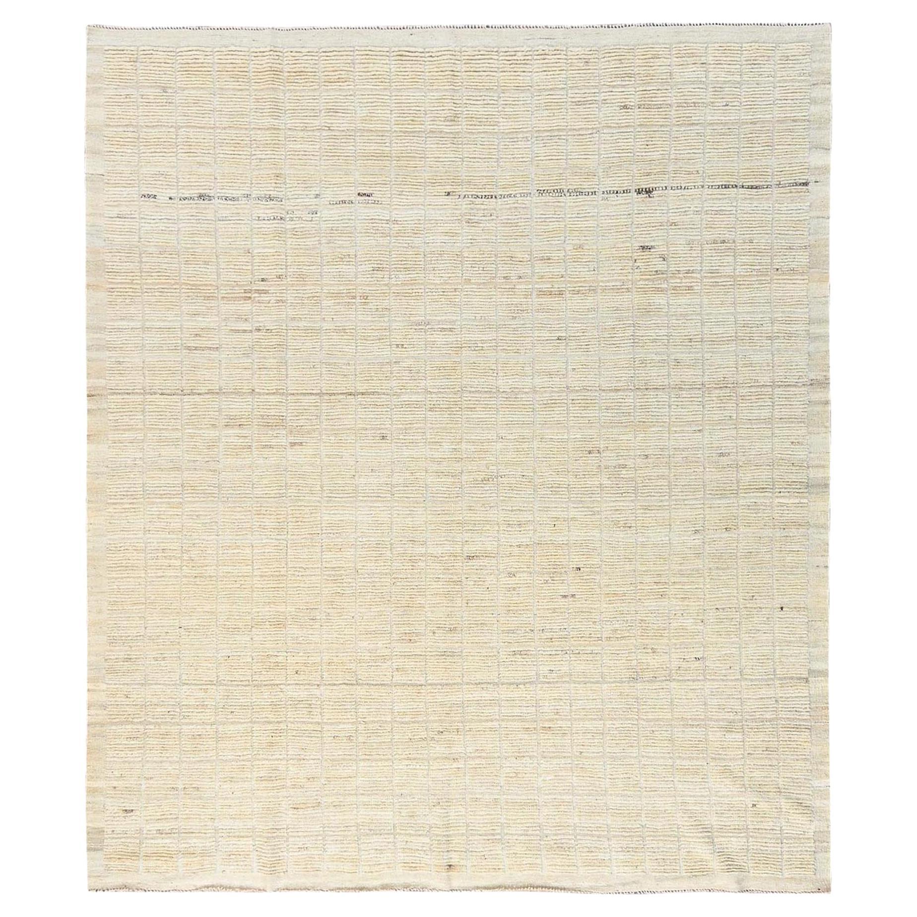 8
5"x10
3" Ivory Moroccan Weave with Grid Design Hand Knotted Wool Oriental Rug