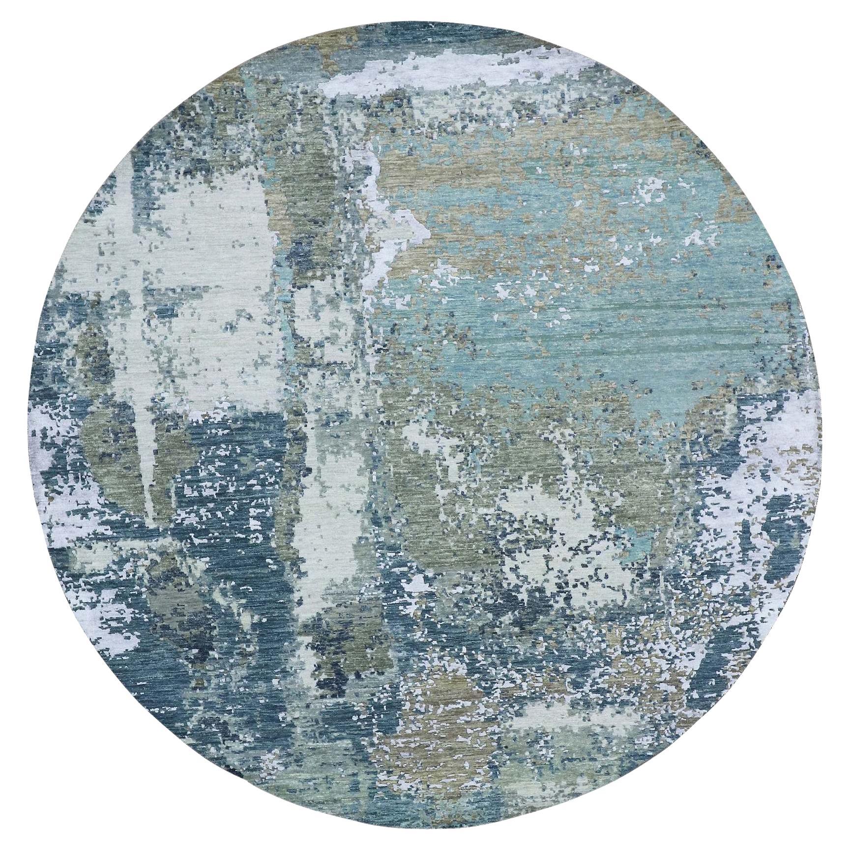 8'5 "x8'5" Tapis oriental rond en laine naturelle nouée à la main, design abstrait gris