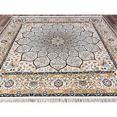 8'5"x8'5" Ivory Persian Nain Hand Knotted Wool and Silk 400 KPSI Square Rug