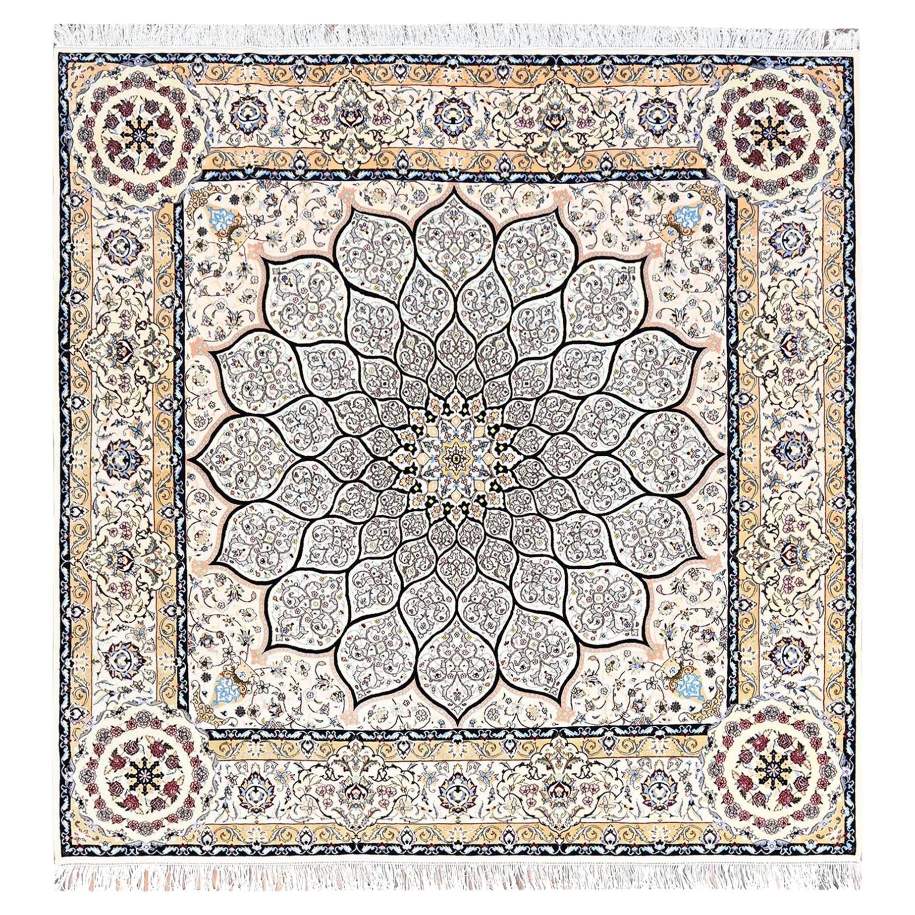 Tappeto quadrato Avorio Persiano Nain Annodato a mano in lana e seta 400 KPSI in vendita