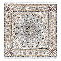 8
5 "x8
5" Alfombra Cuadrada Persa Nain Marfil Anudada a Mano de Lana y Seda 400 KPSI