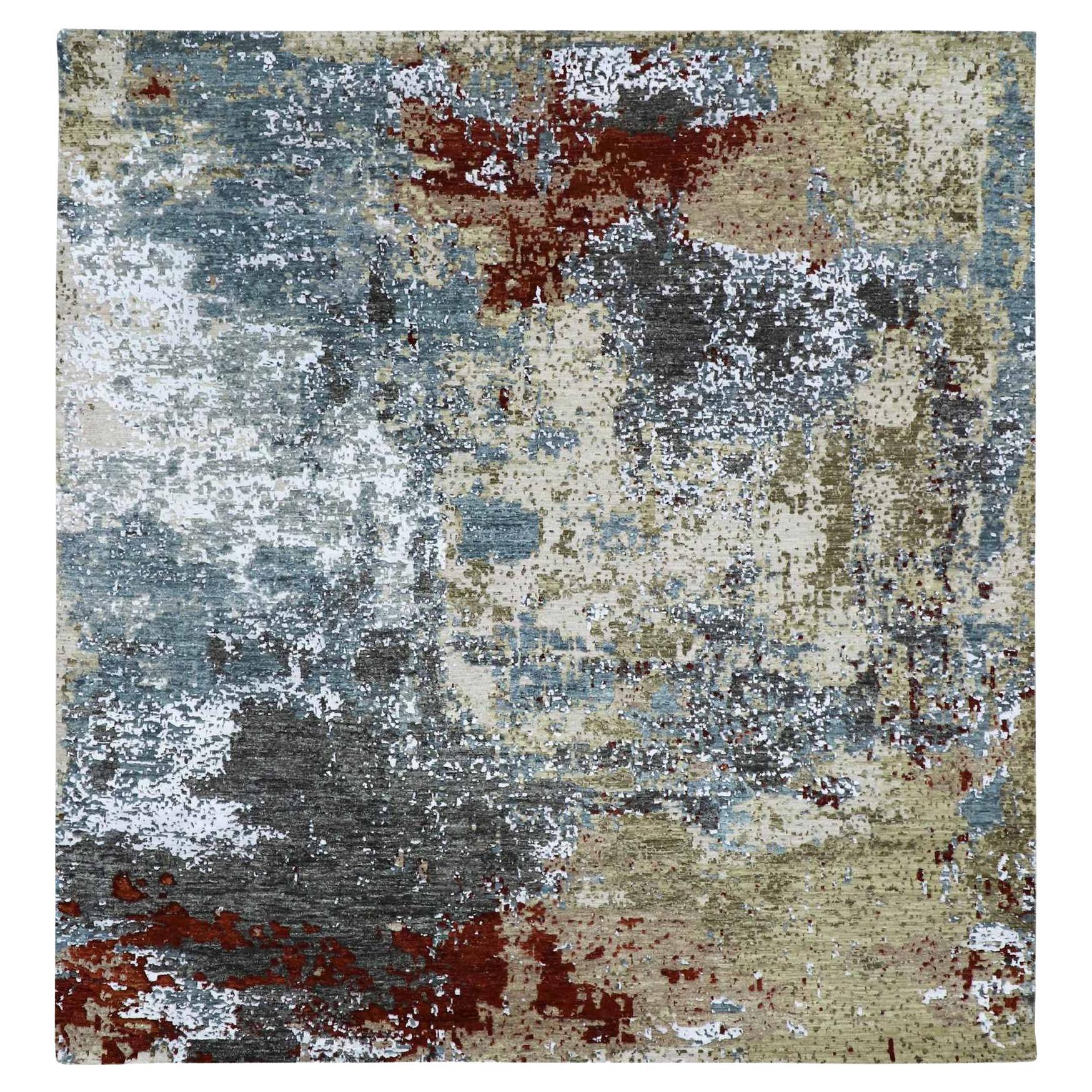 8'5 "x8'5" Color Pergamino, Diseño Abstracto Anudado a Mano, Alfombra Cuadrada de Lana Suave en venta