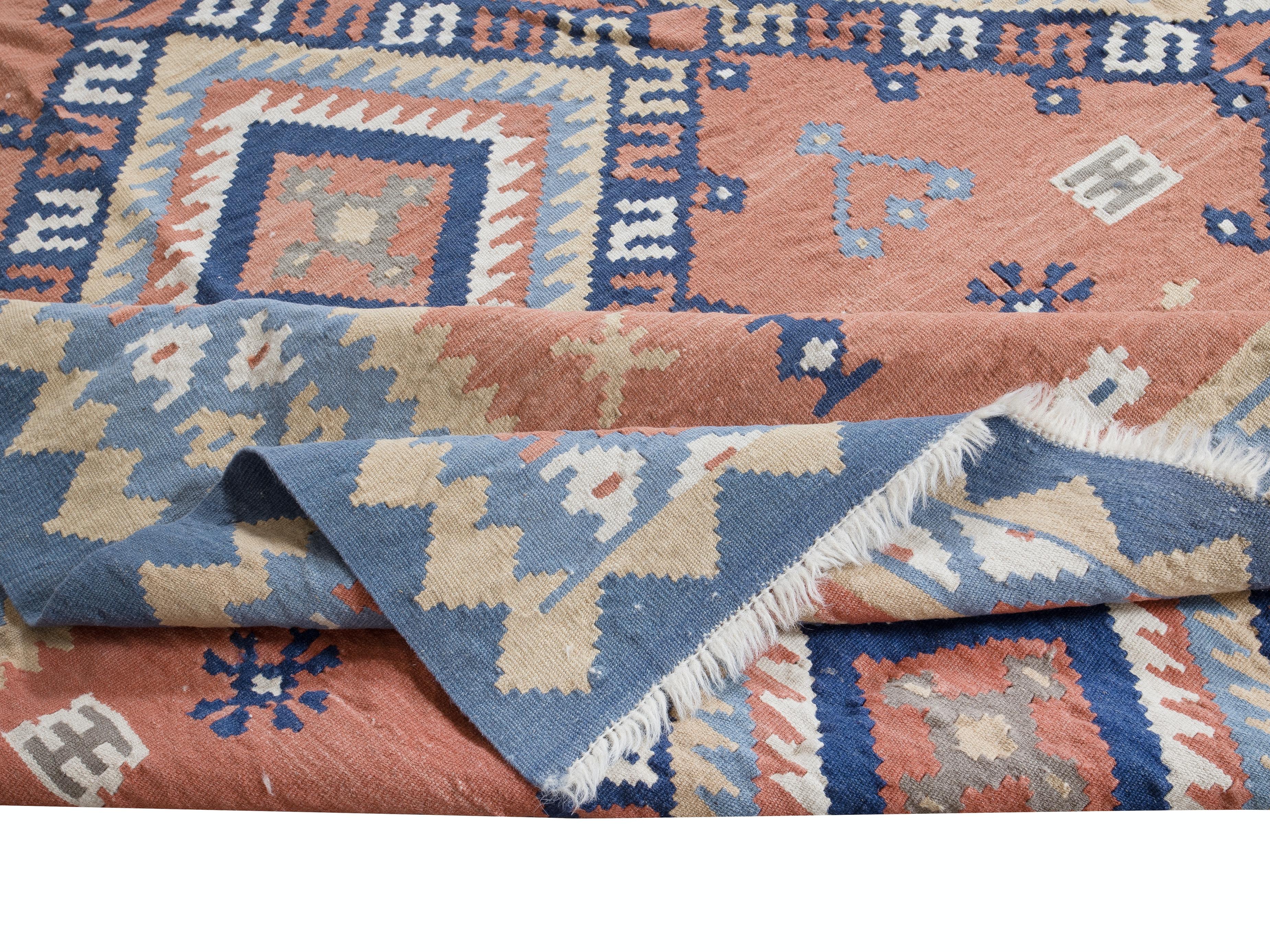 8.5x9.2 Ft Swedish Hand-Woven Vintage Wool Kilim Rug with Geometric Details In Good Condition For Sale In Philadelphia, PA